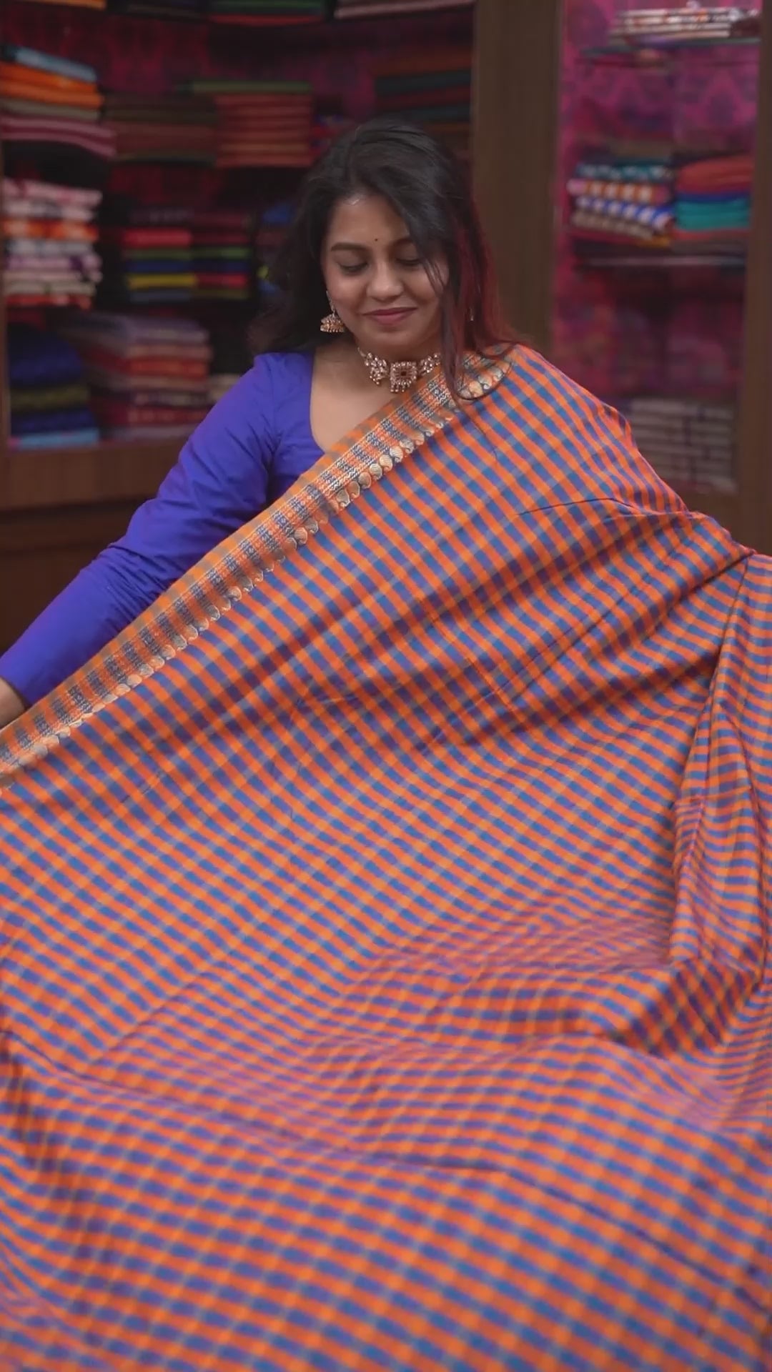 Navy Blue With Red Checks Semi Silk Cotton Saree