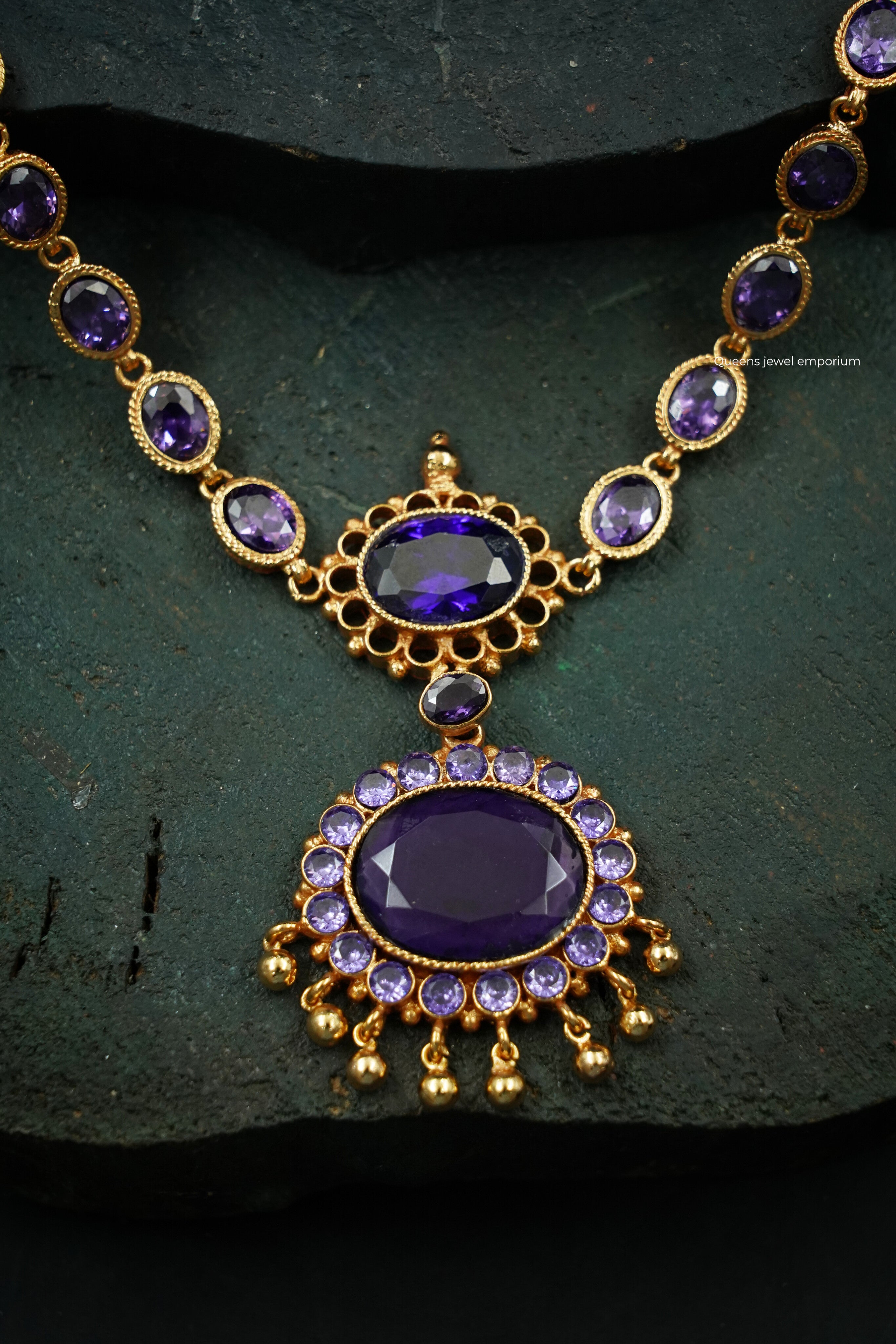 Haram with amethyst stone pendant-Gold balls hangings jewellery