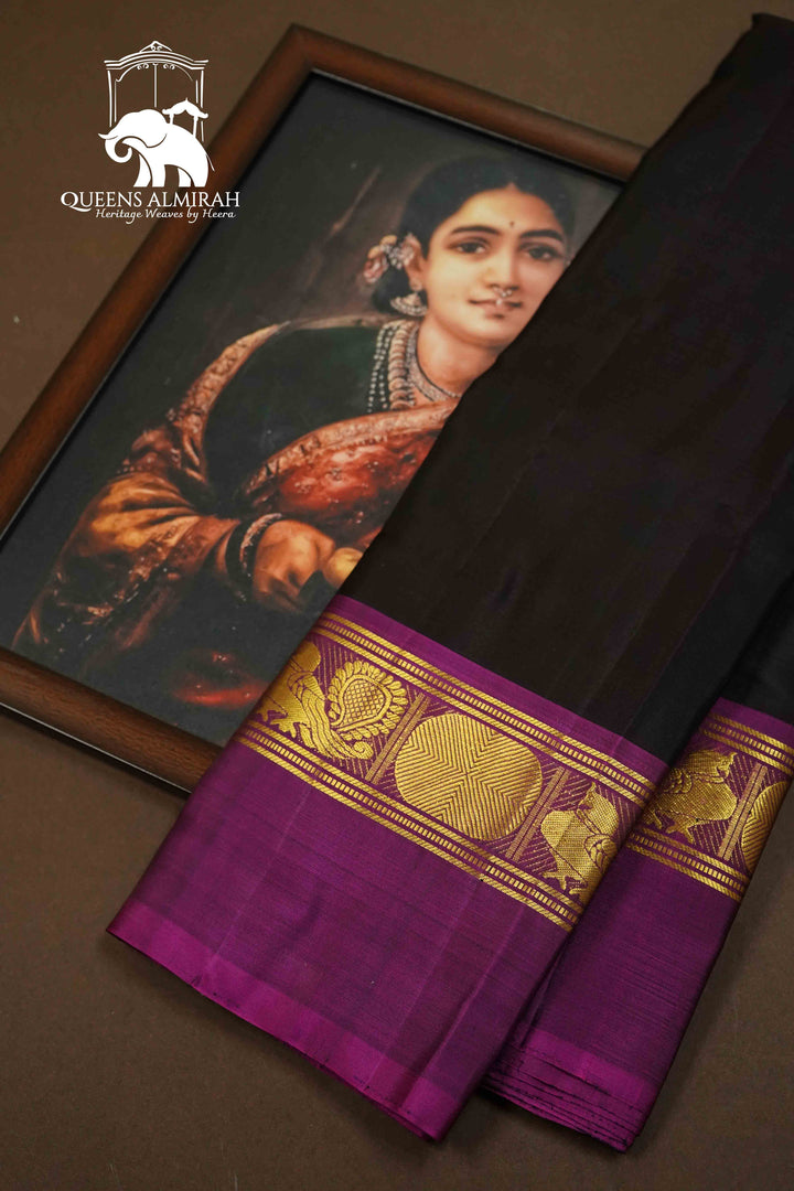 DARK CHOCOLATE WITH PURPLE JAM PURE KANCHIVARAM SILK SAREE - Queens Jewel Emporium