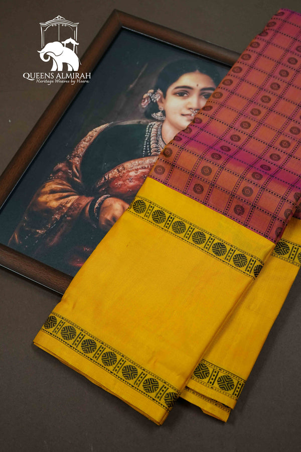 RAMBUTAN RED WITH MANGO YELLOW PURE KANCHIVARAM SILK SAREE - Queens Jewel Emporium