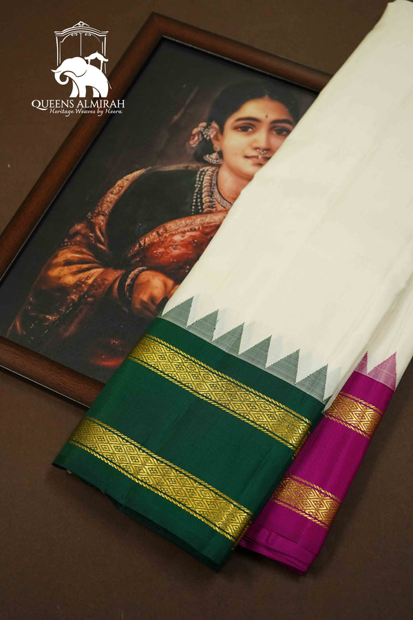 WHITE WITH LEAF GREEN AND RASBERRY PINK PURE KANCHIVARAM SILK SAREE - Queens Jewel Emporium