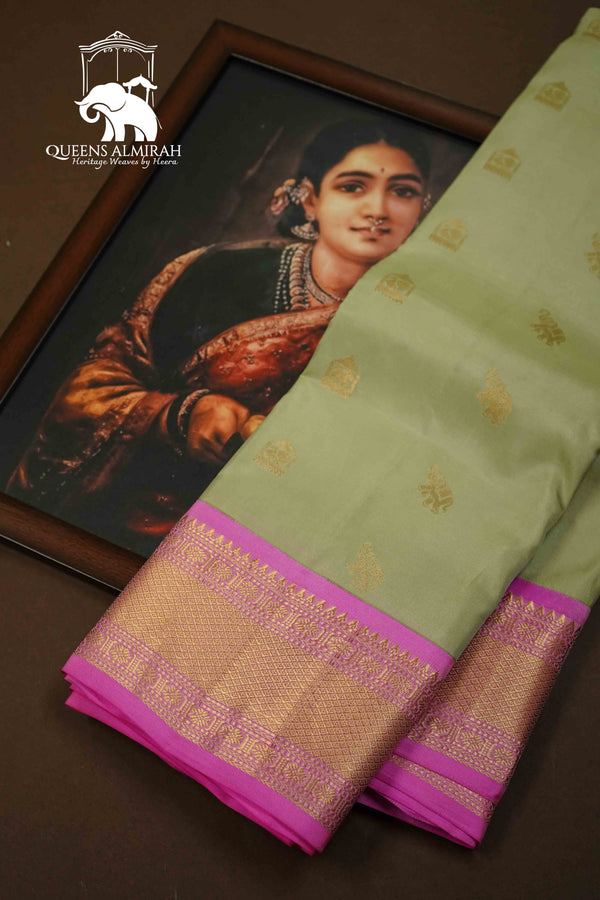 PASTEL GREEN WITH PALE MAGENTA PURE KANCHIVARAM SILK SAREE - Queens Jewel Emporium