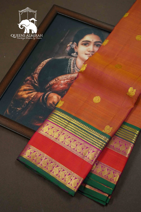 APPLE BLOSSOM WITH LEAF GREEN  PURE KANCHIVARAM SILK SAREE - Queens Jewel Emporium