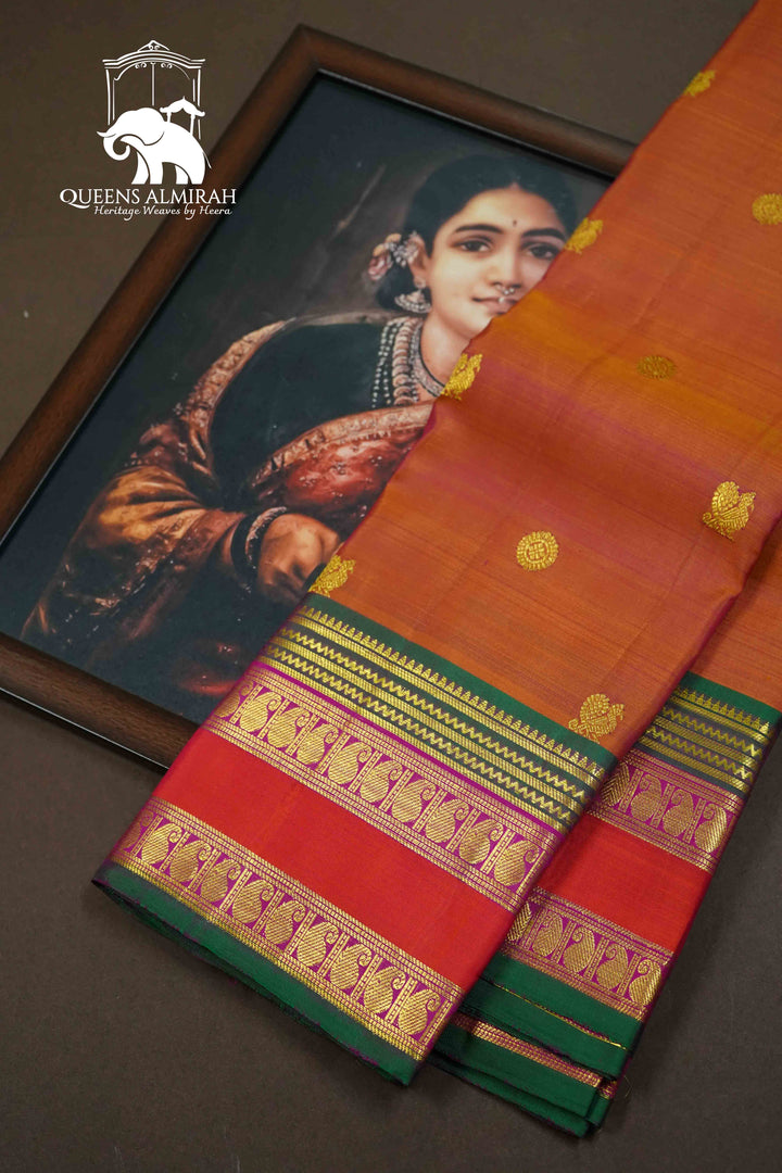 APPLE BLOSSOM WITH LEAF GREEN  PURE KANCHIVARAM SILK SAREE - Queens Jewel Emporium
