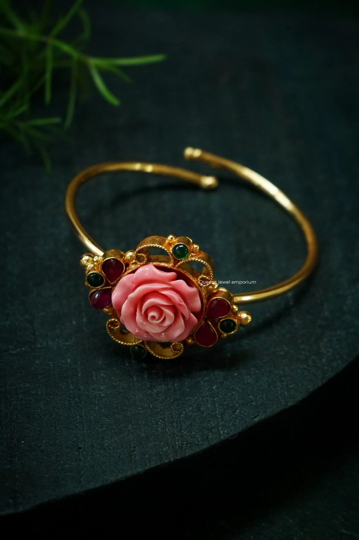 Coral rose kada with plain kada-Ethnic rose motif kada