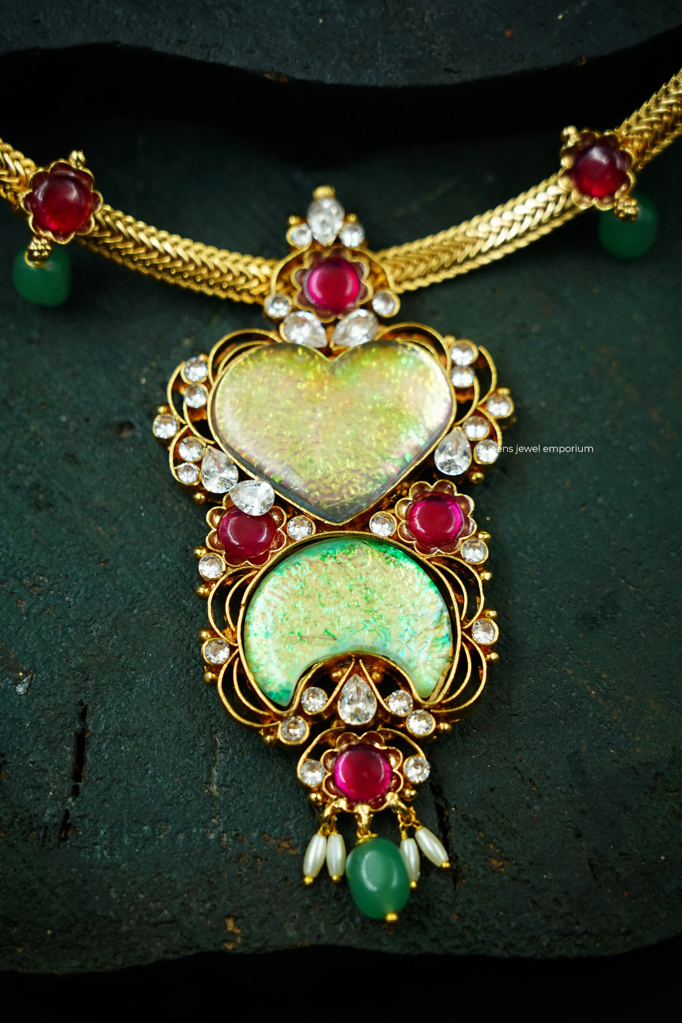 White zircon rainbow pendant-Red kemp floral chain