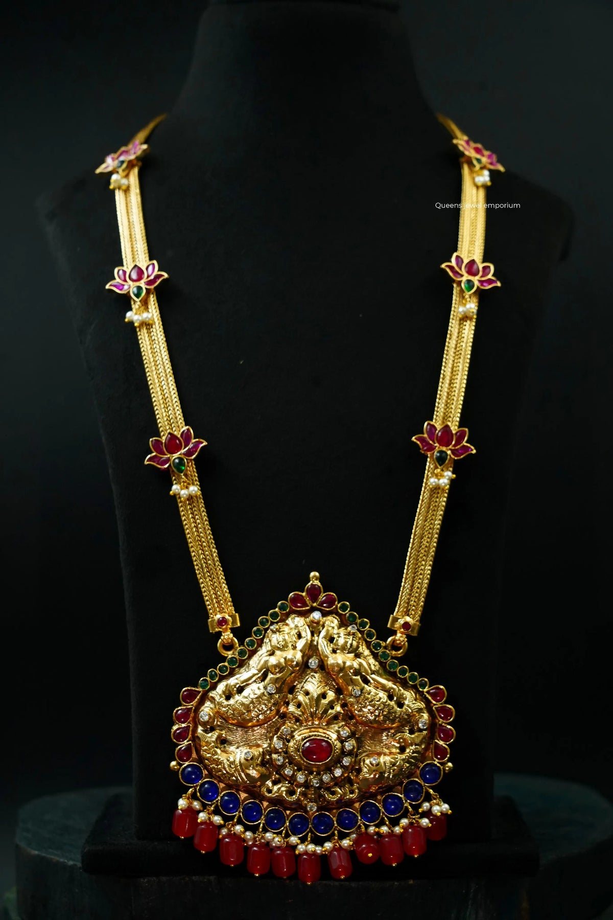 Two layered antique haram-Nagas fish temple jewellery