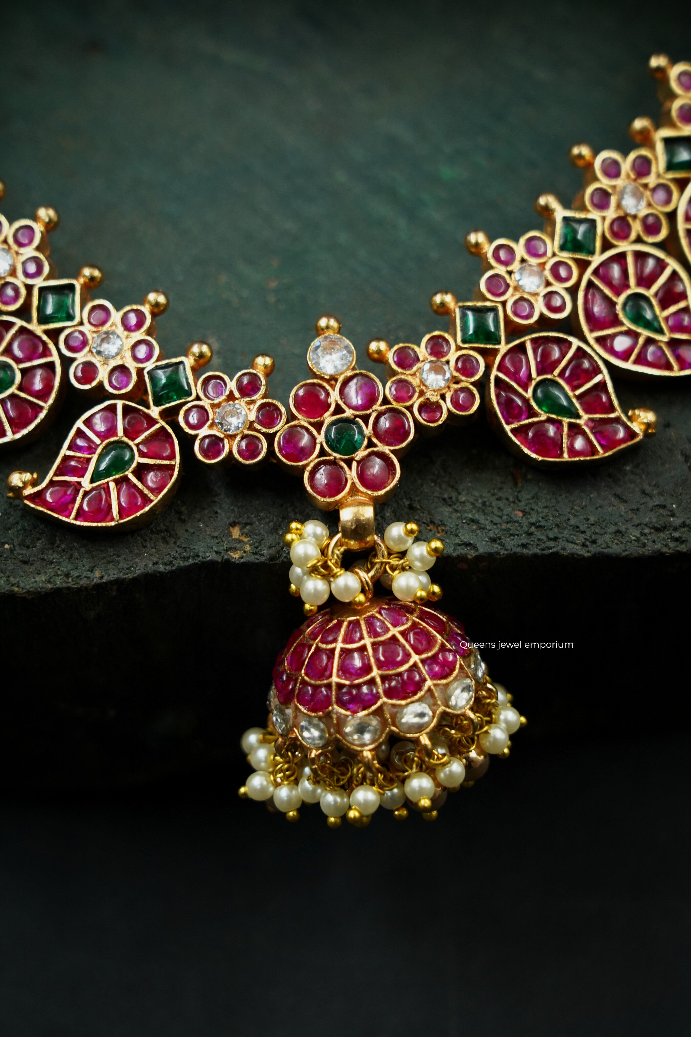 Green diamond shape stone necklace-Red kemp jhumka pendant
