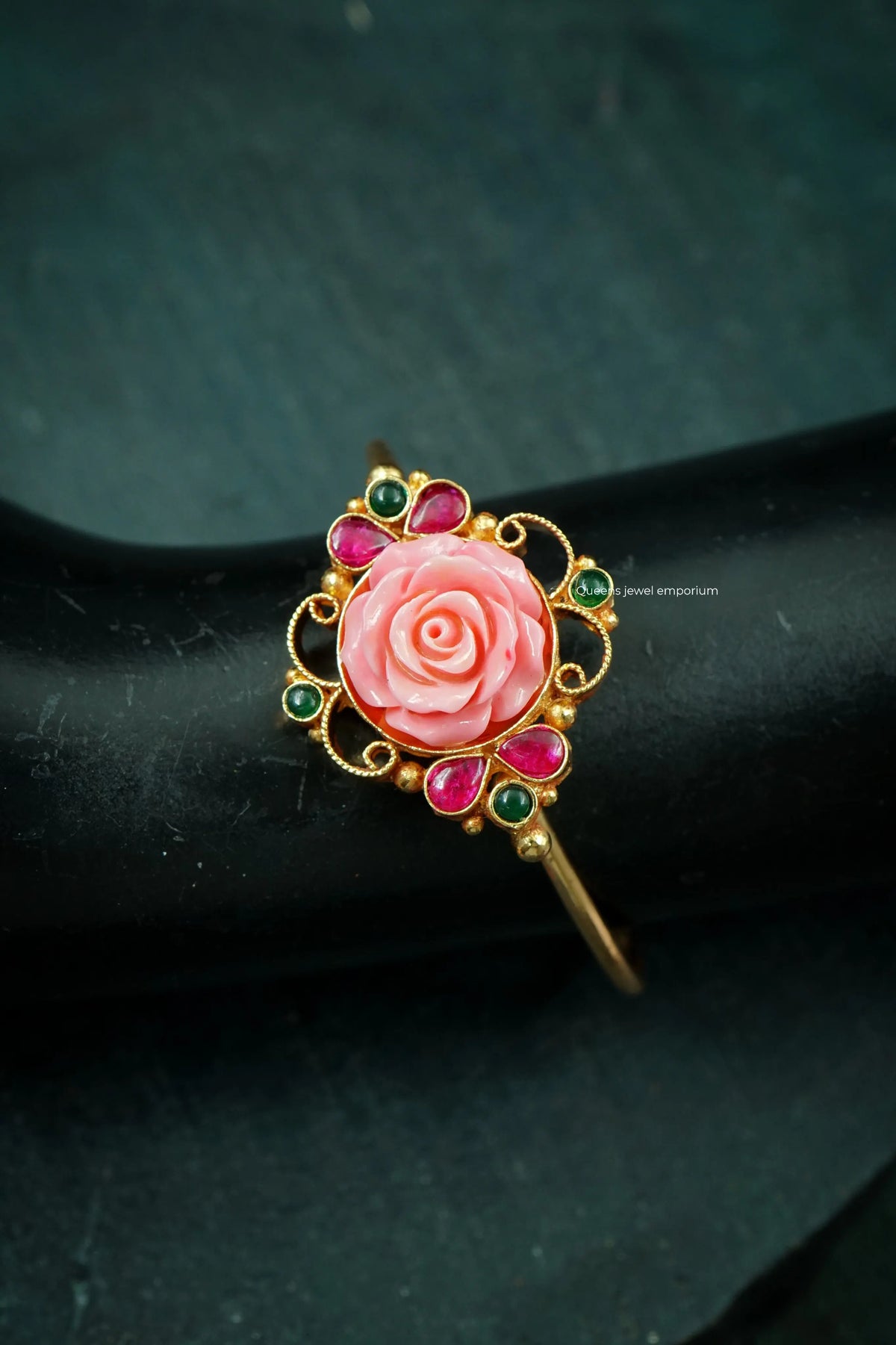 Green kemp stone kada-Rose motif adjustable kada
