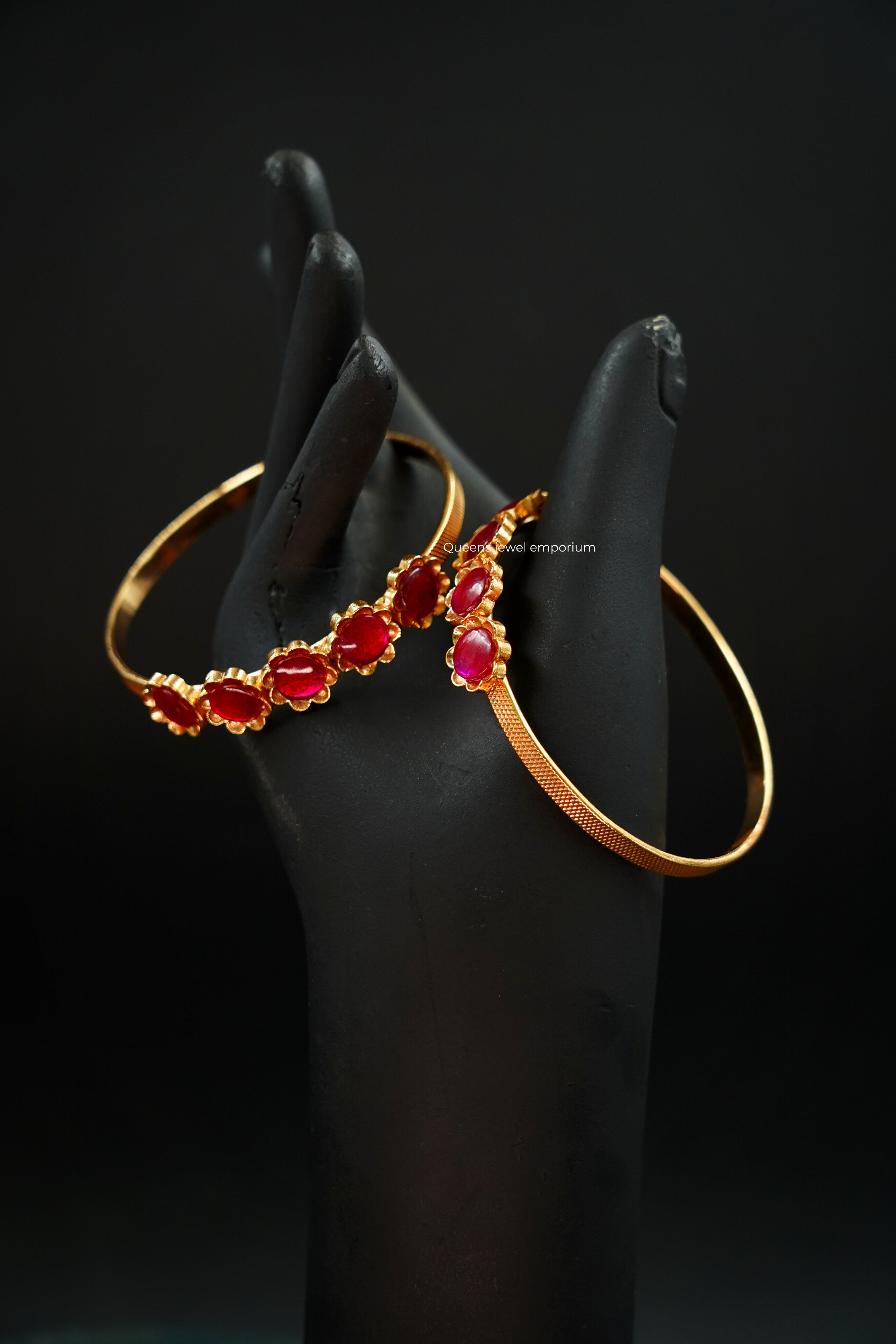 Bangle set with red stones-Gold plated flower motif kada