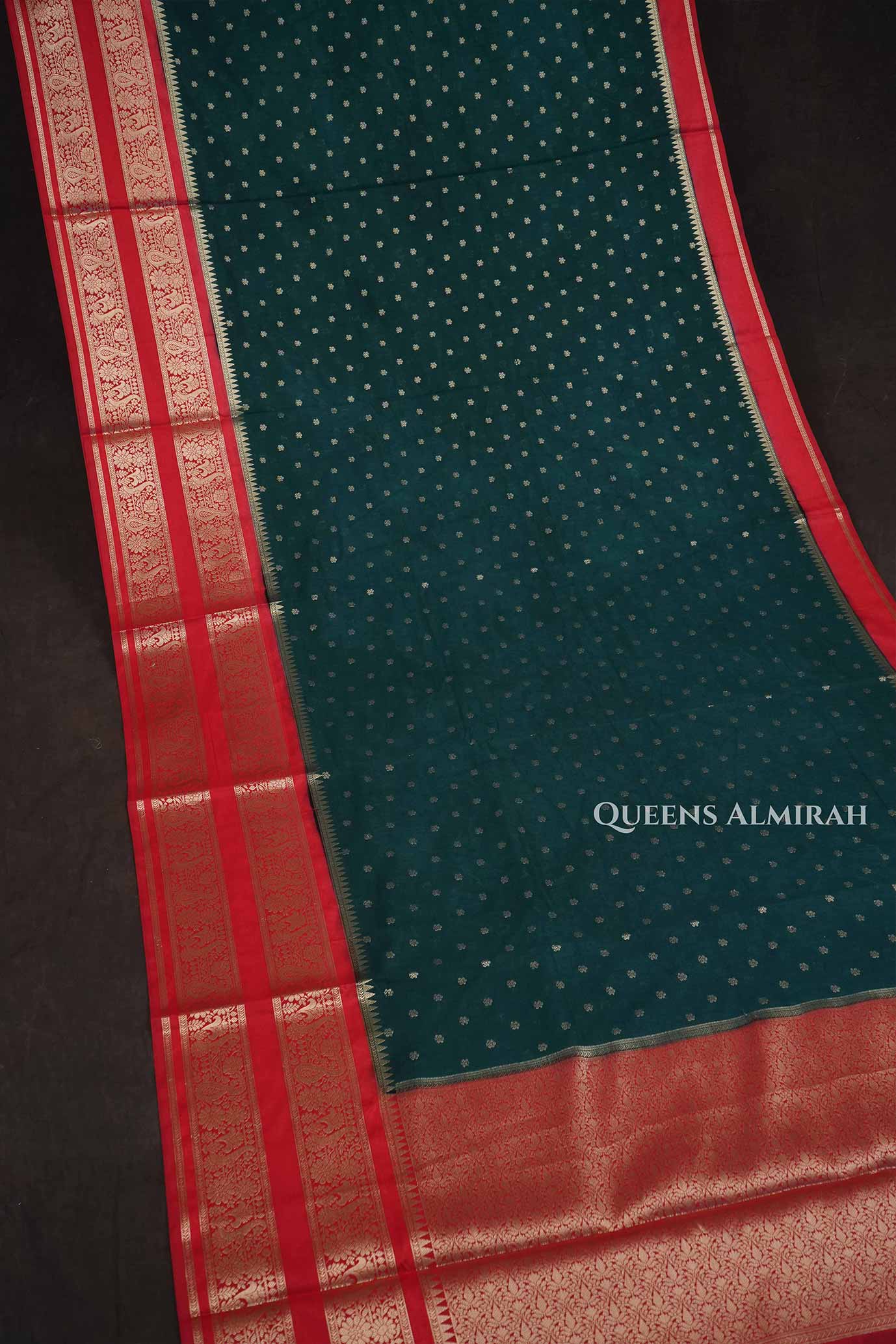Dark Green With Red Semi Banarasi Katan Soft Silk Saree