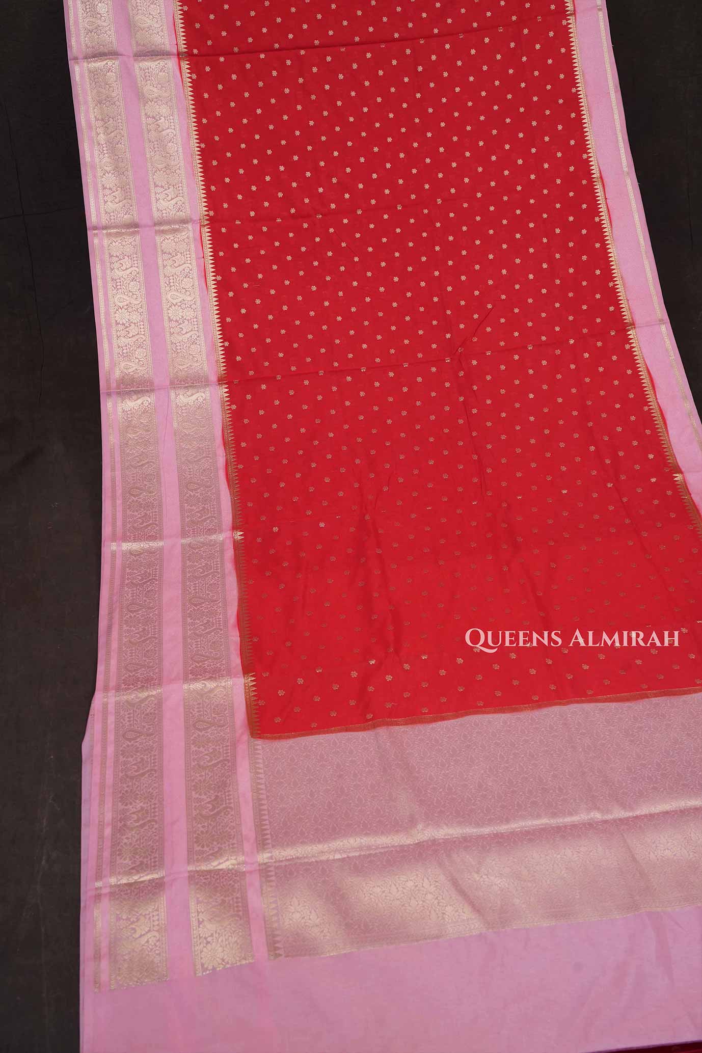 Red With Rose Milk Pink Semi Banarasi Katan Soft Silk Saree