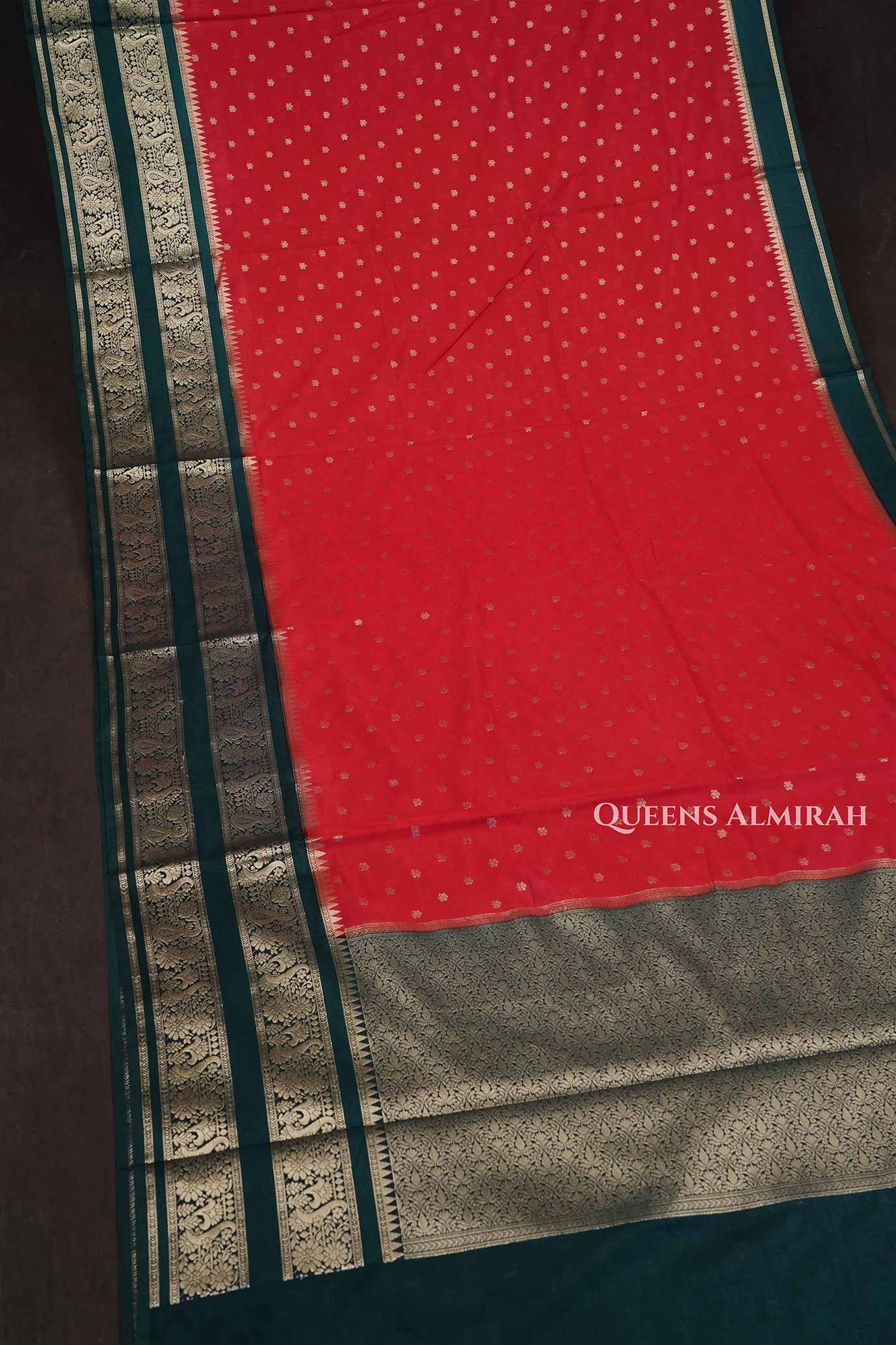 Red With Green Semi Banarasi Katan Soft Silk Saree
