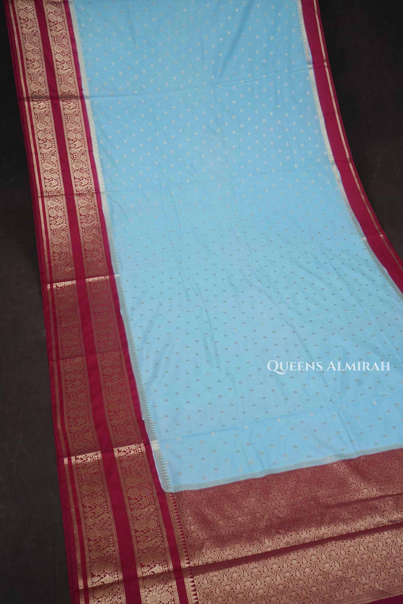 Ice Blue With Maroon Semi Banarasi Katan Soft Silk Saree