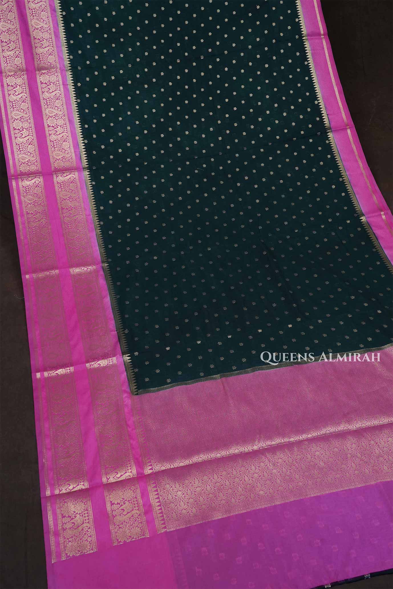 Dark Green With Pink Semi Banarasi Katan Soft Silk Saree