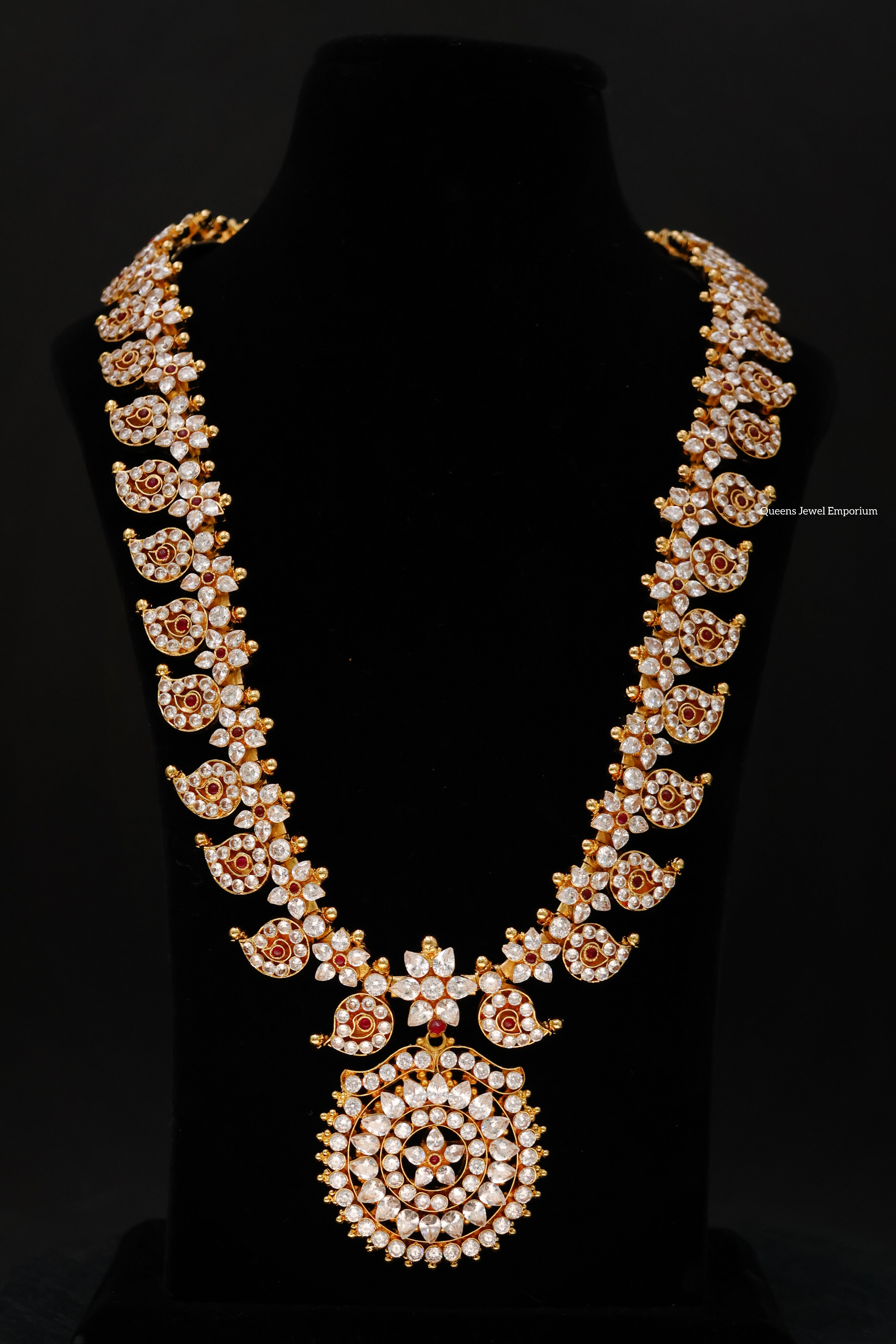 Sparkling mango motif jewellery-Bridal mango zircon jewellery-Reception white zircon haram
