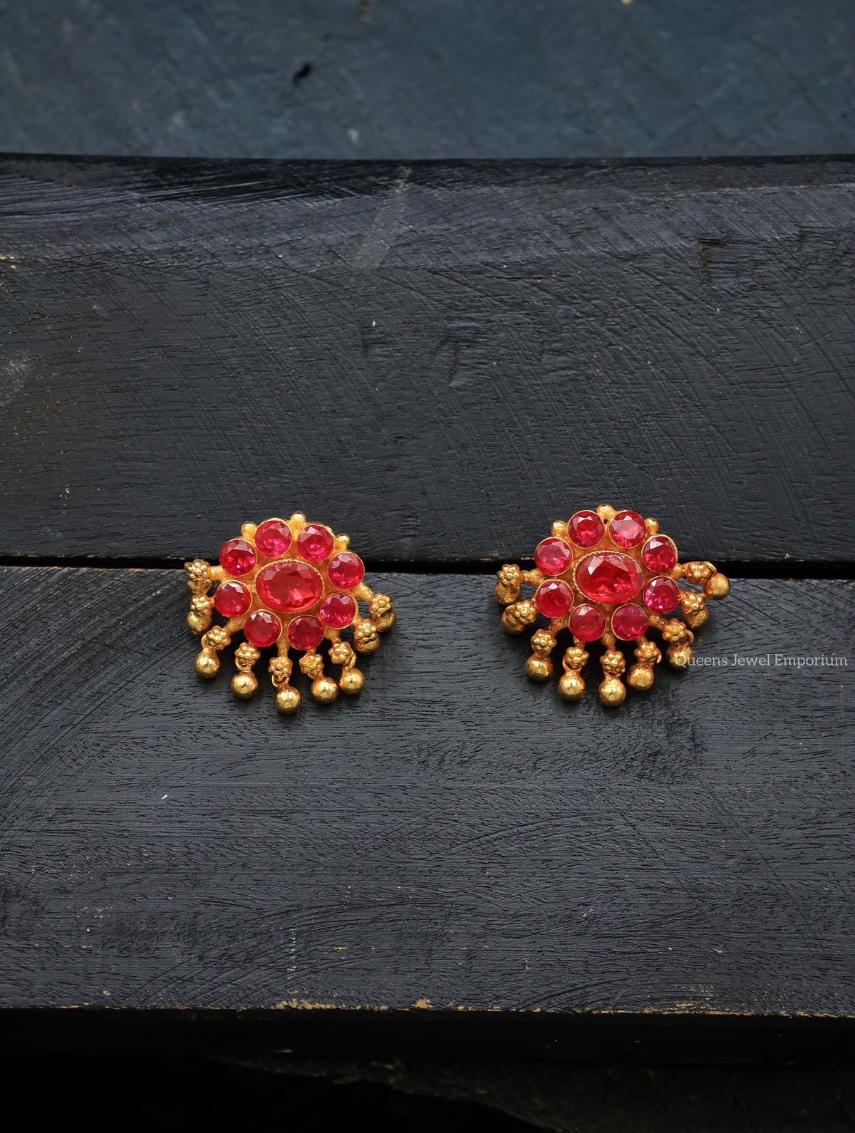Studs with pink stones-Grand stud with gold ball hangings