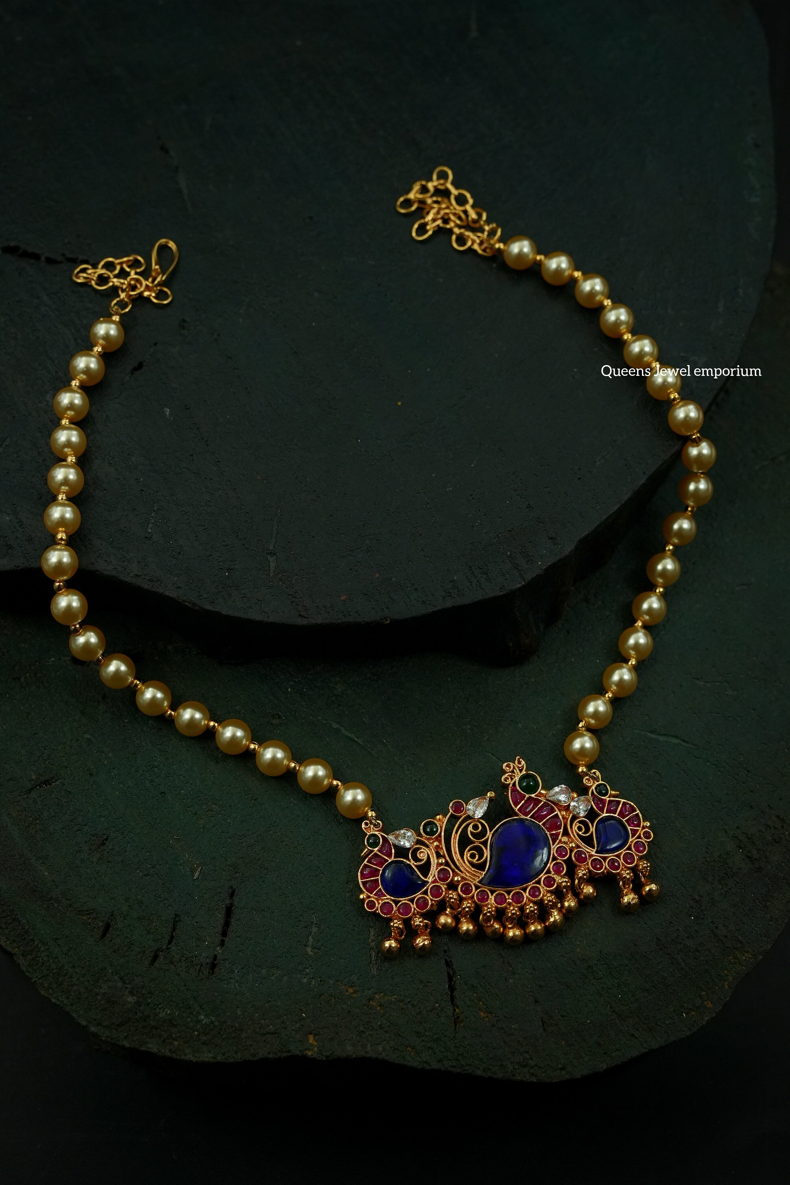 Peacock motif pendant haram-Blue color stone jewellery