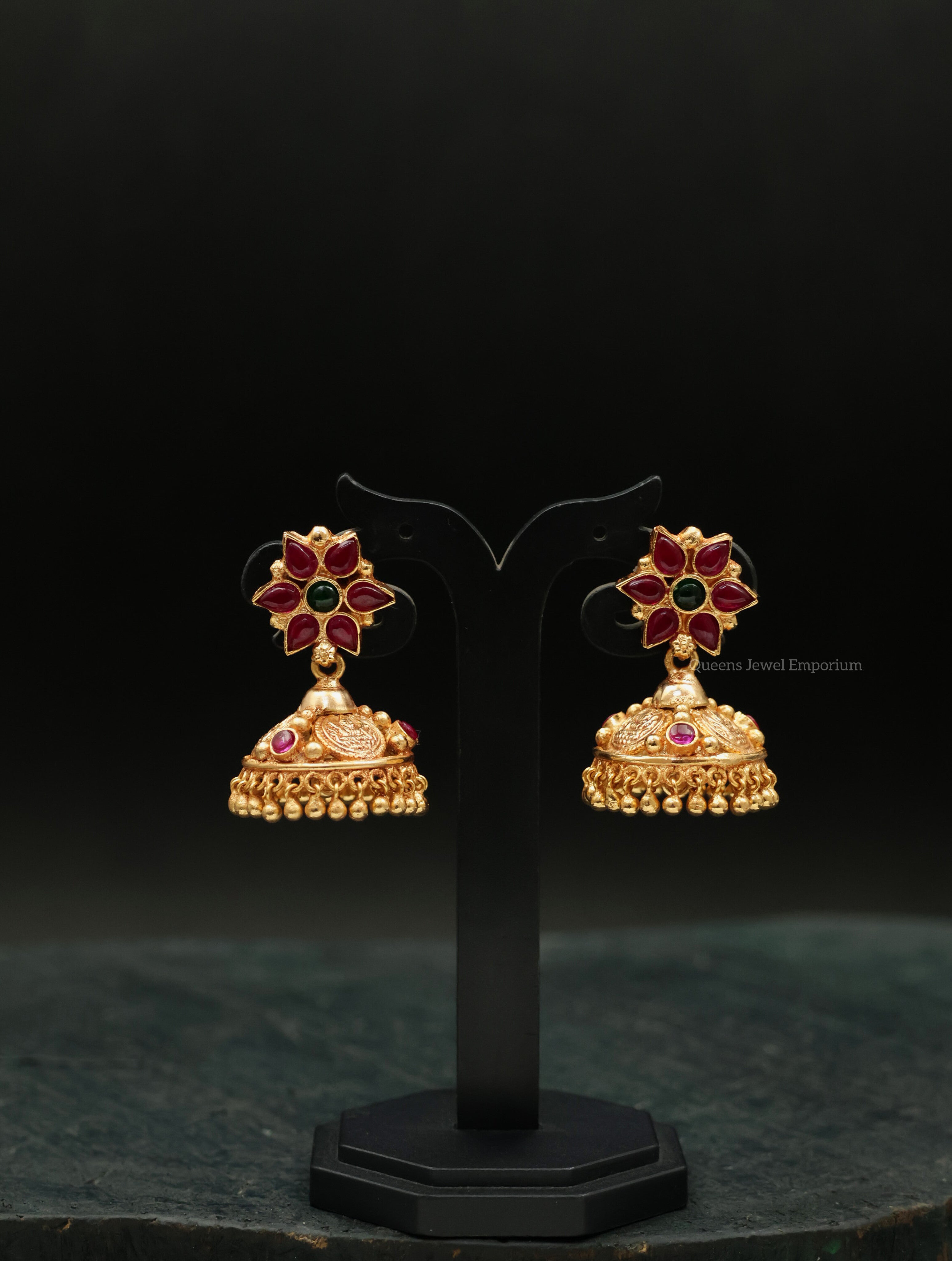 Grand traditional kemp jhumkas-Red green kemp jhumkas