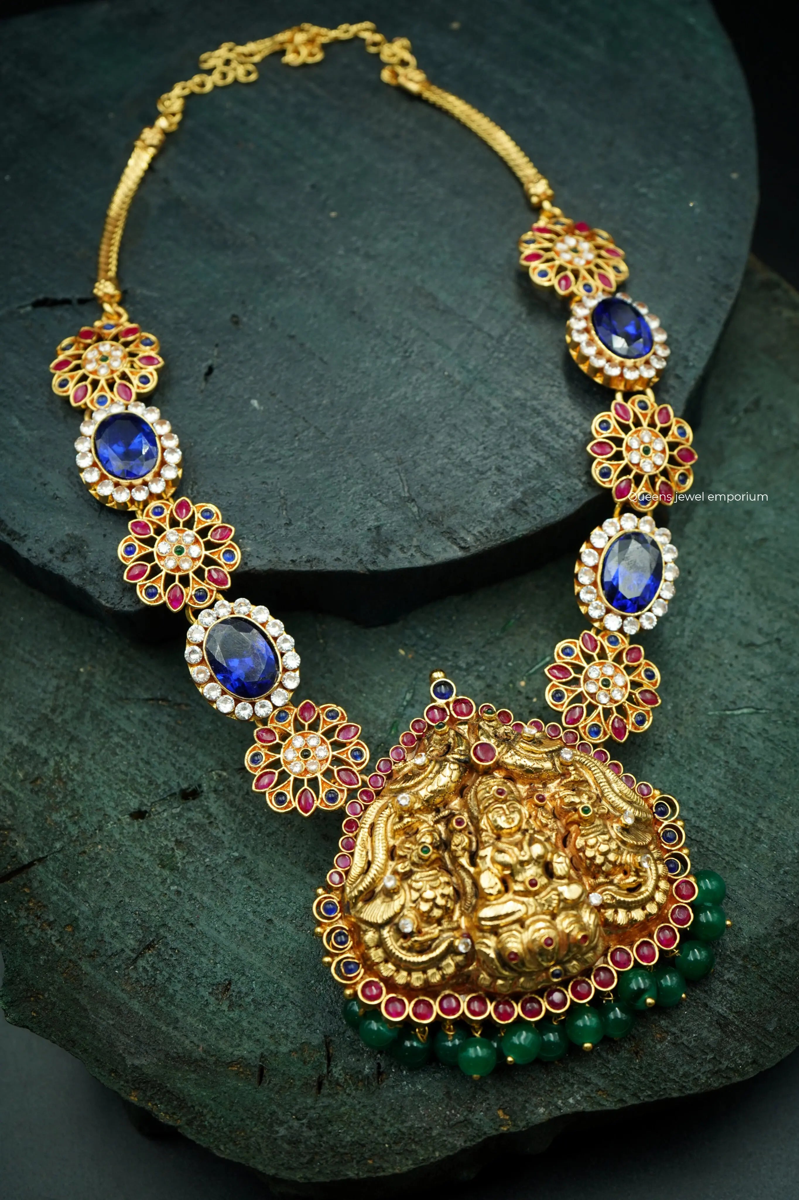 Flower design jewellery-Flower design haram with blue stones