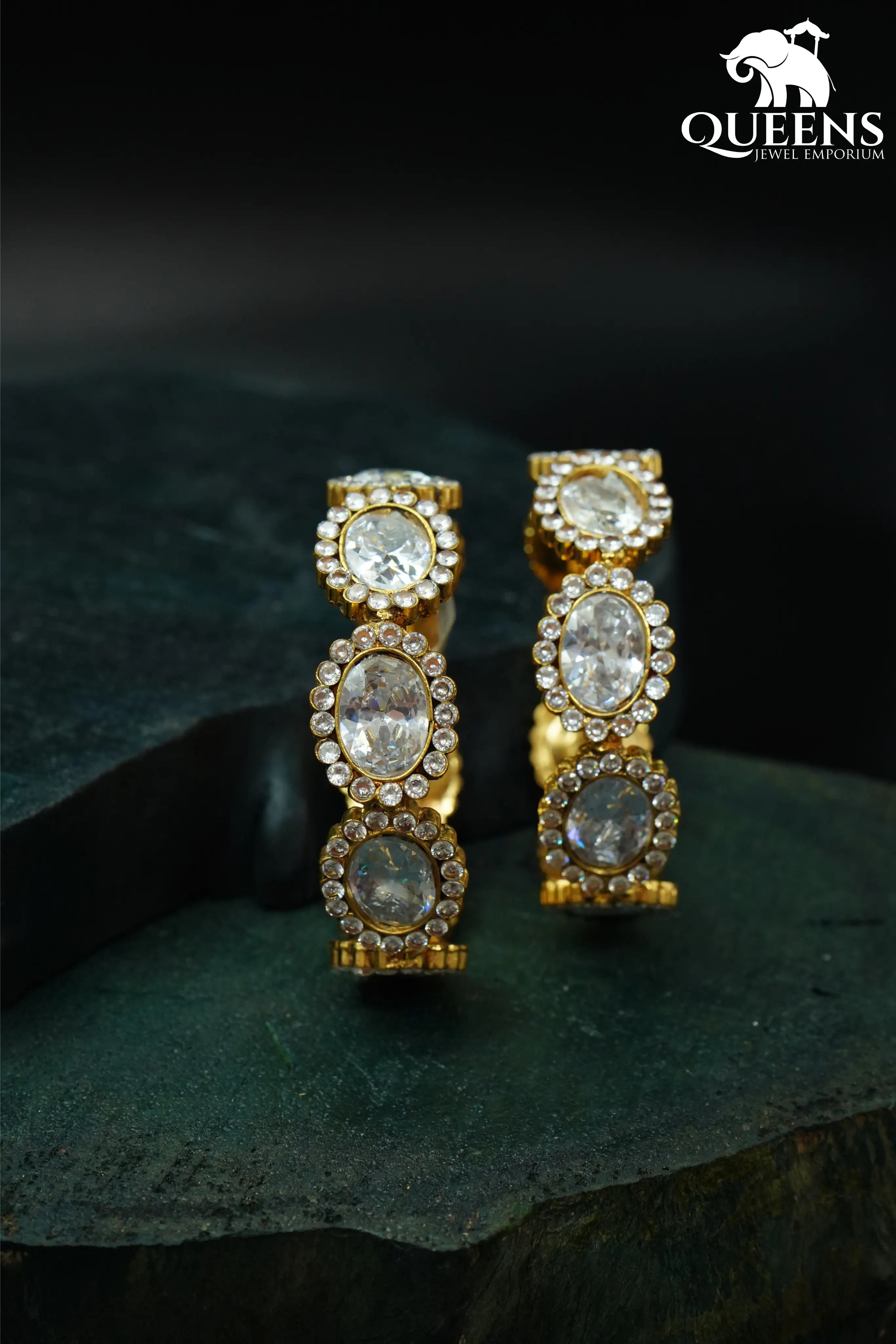 Oval white stone bangles-Grand white stones bangles for saree