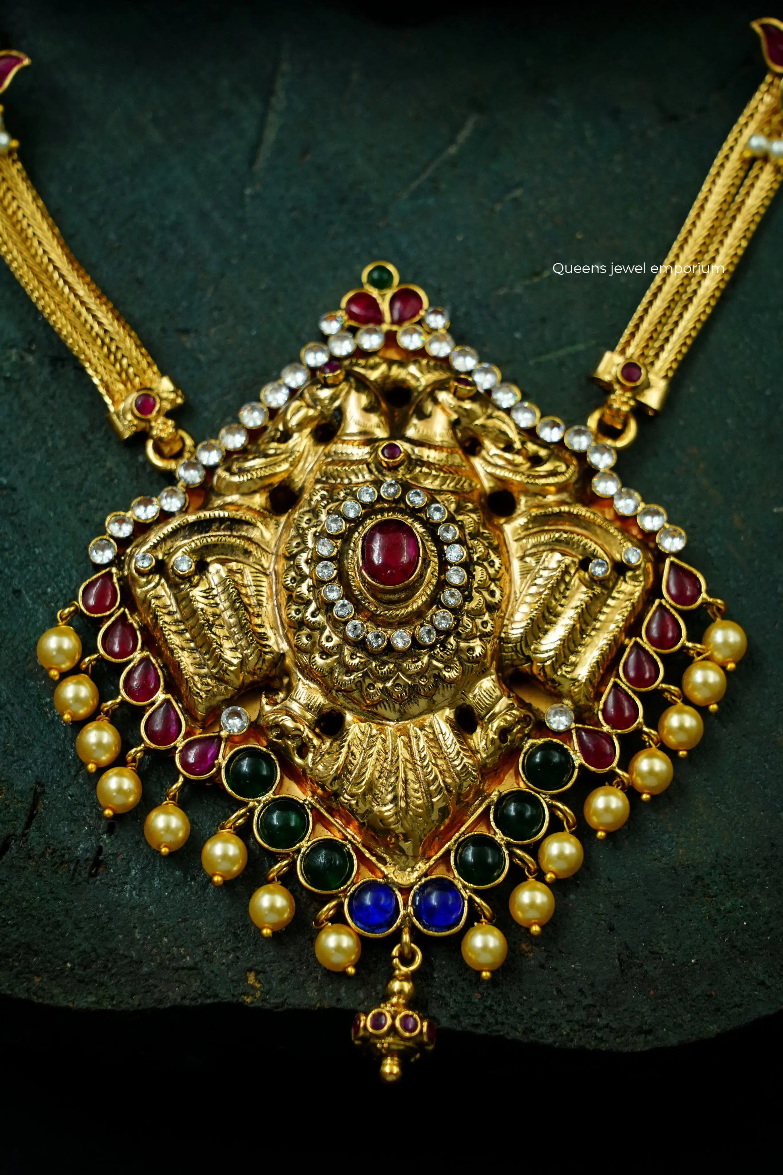 Antique finish kemp haram-Traditional gandaberunda jewellery