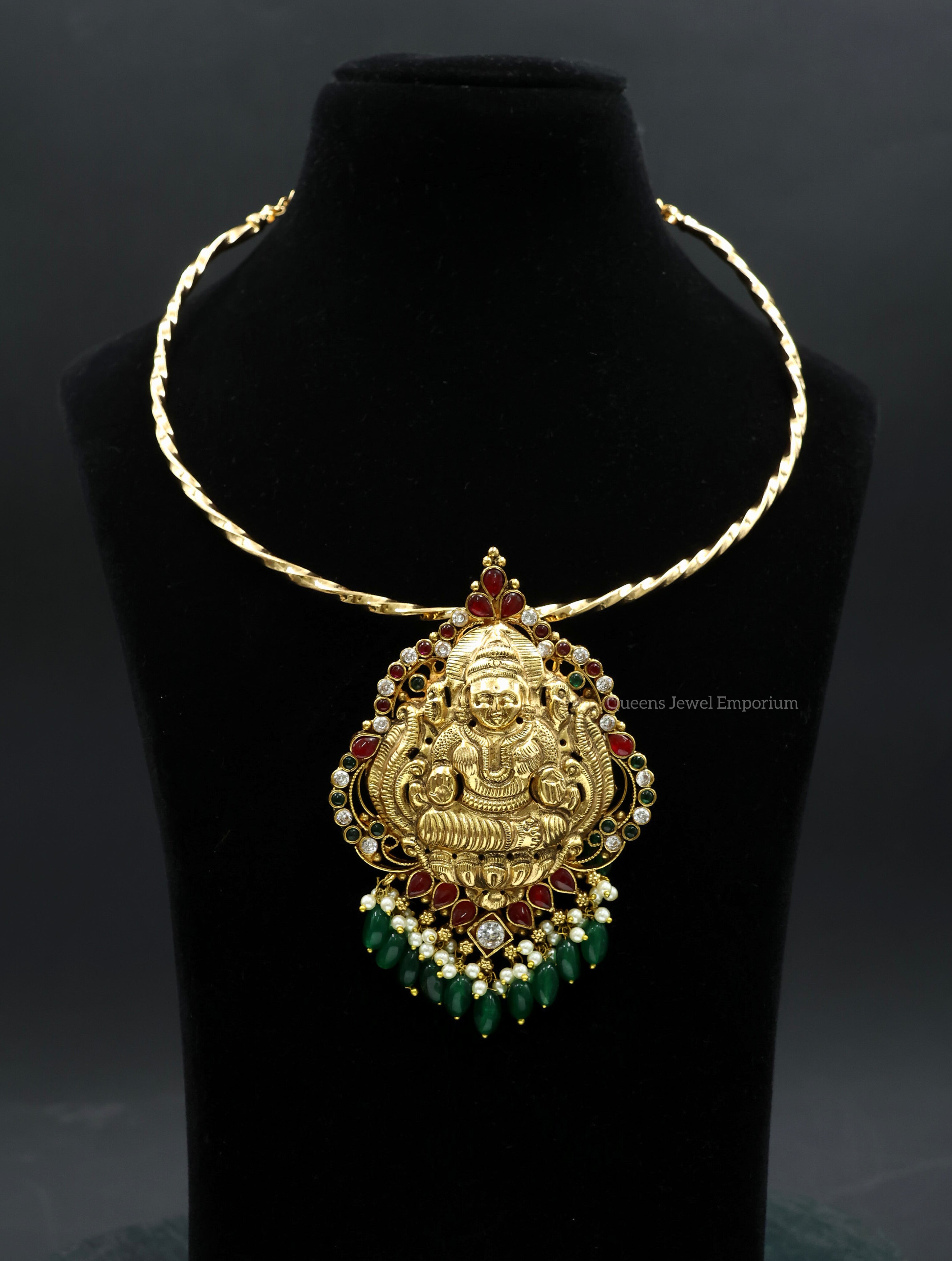 Traditional lakshmi pendant-Green red stone pendant