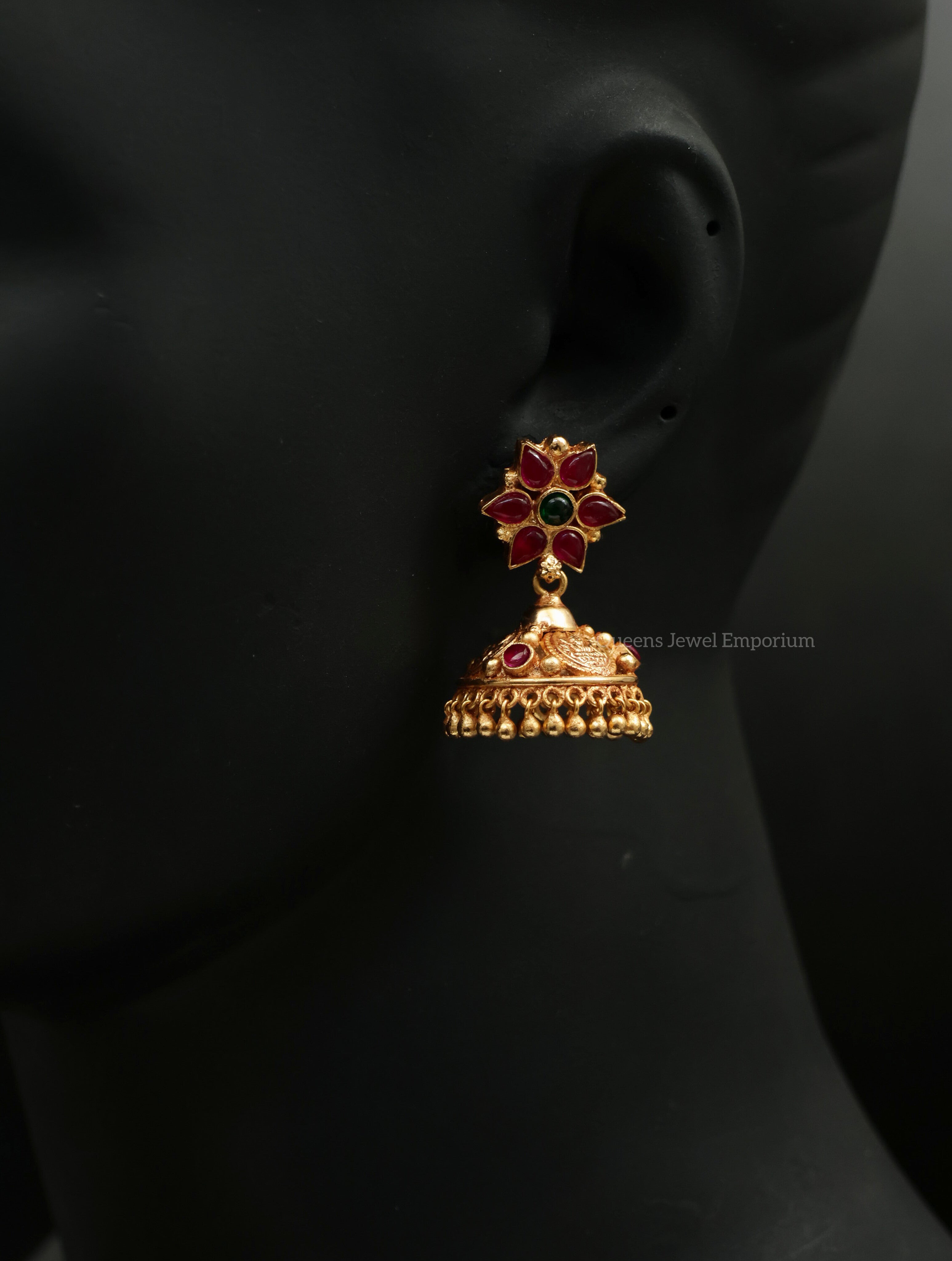 Lakshmi kemp jhumka earring-Floral stud kemp jhumka