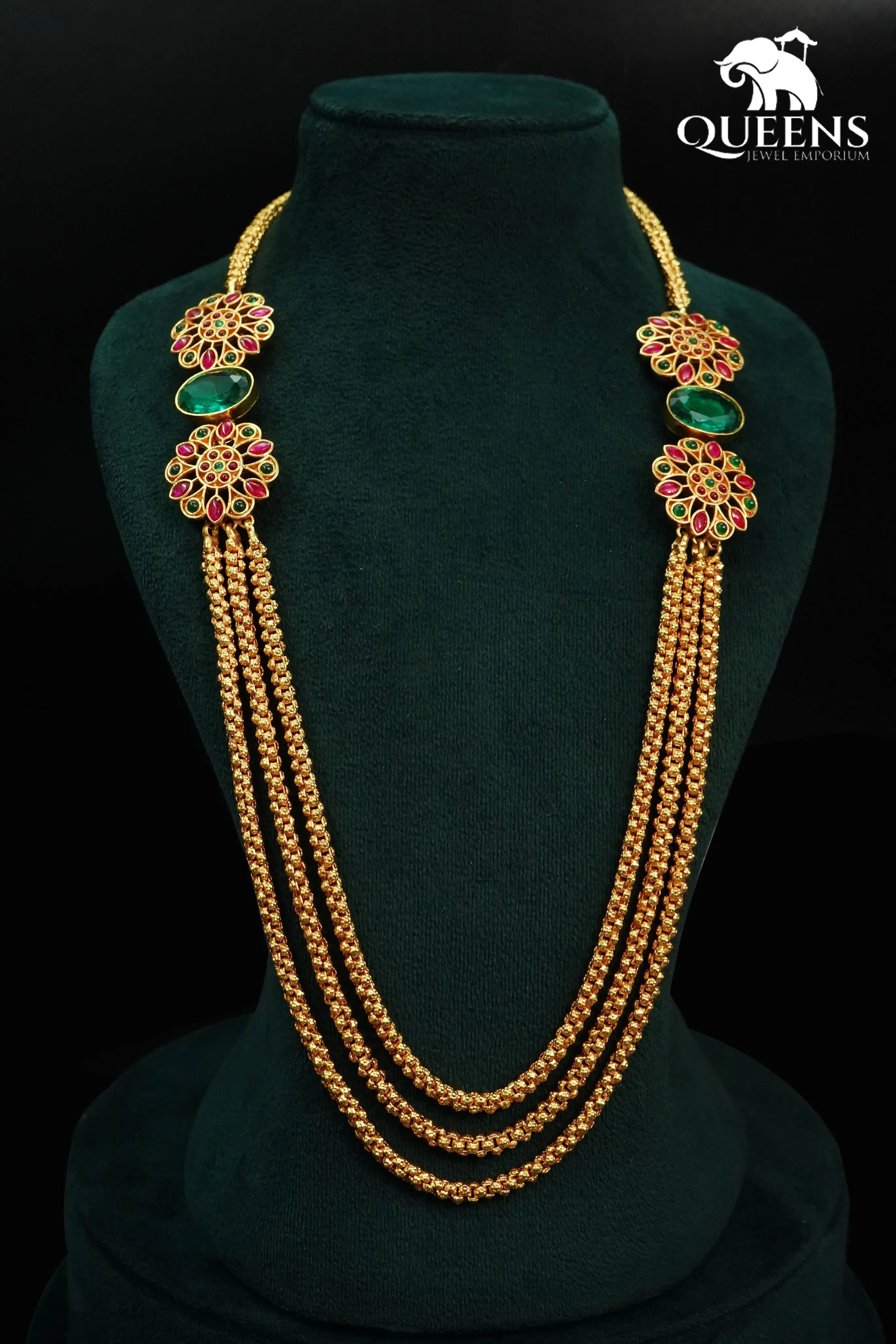 Layered haram with flower mugappu-Haram with stones mugappu