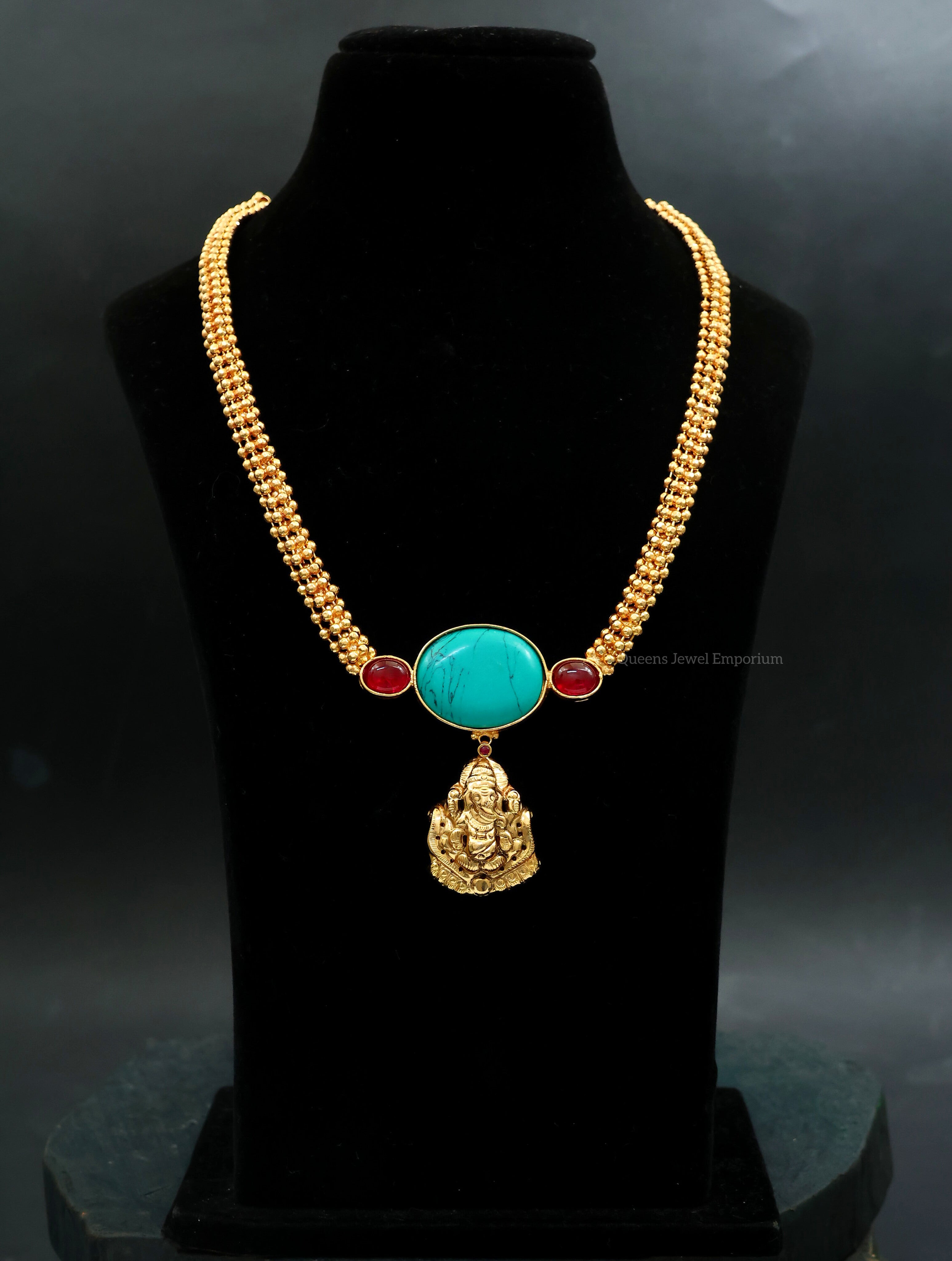 Ganapathy temple jewellery-Unique turquoise stone necklace