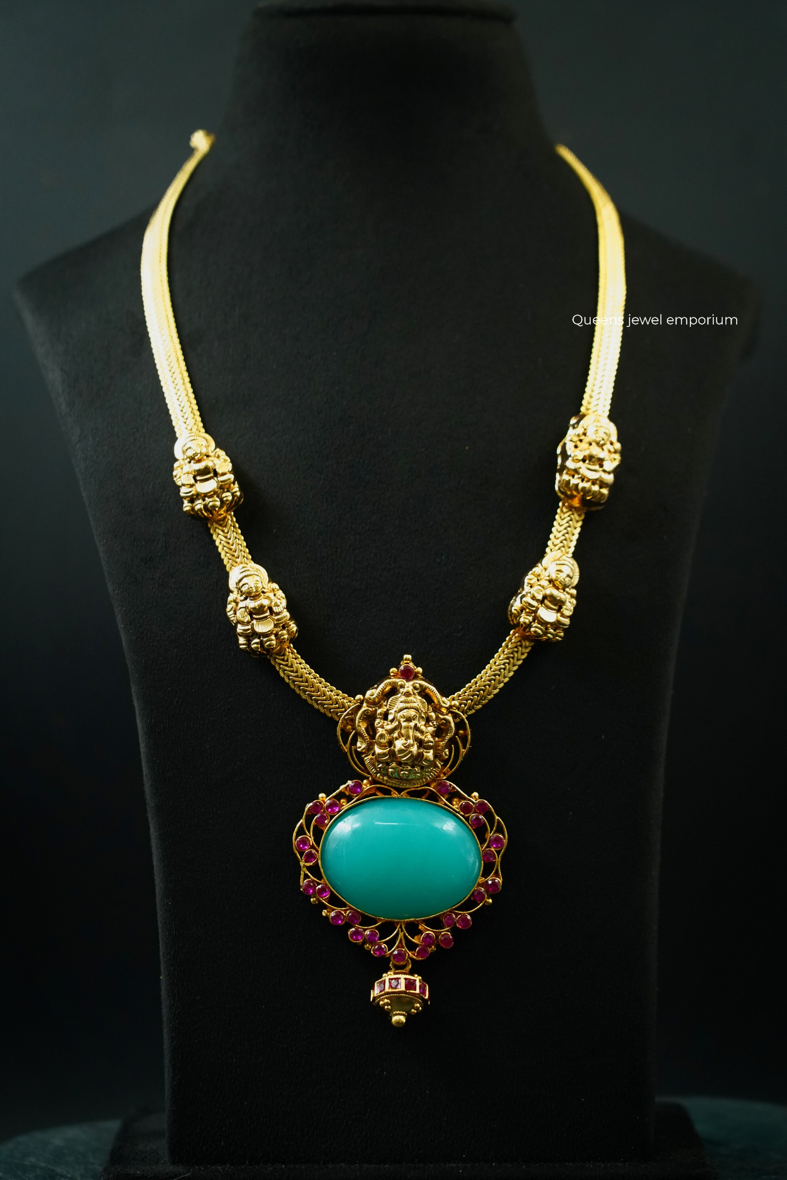 Blue onyx lakshmi necklace-Balaji pink floral motifs