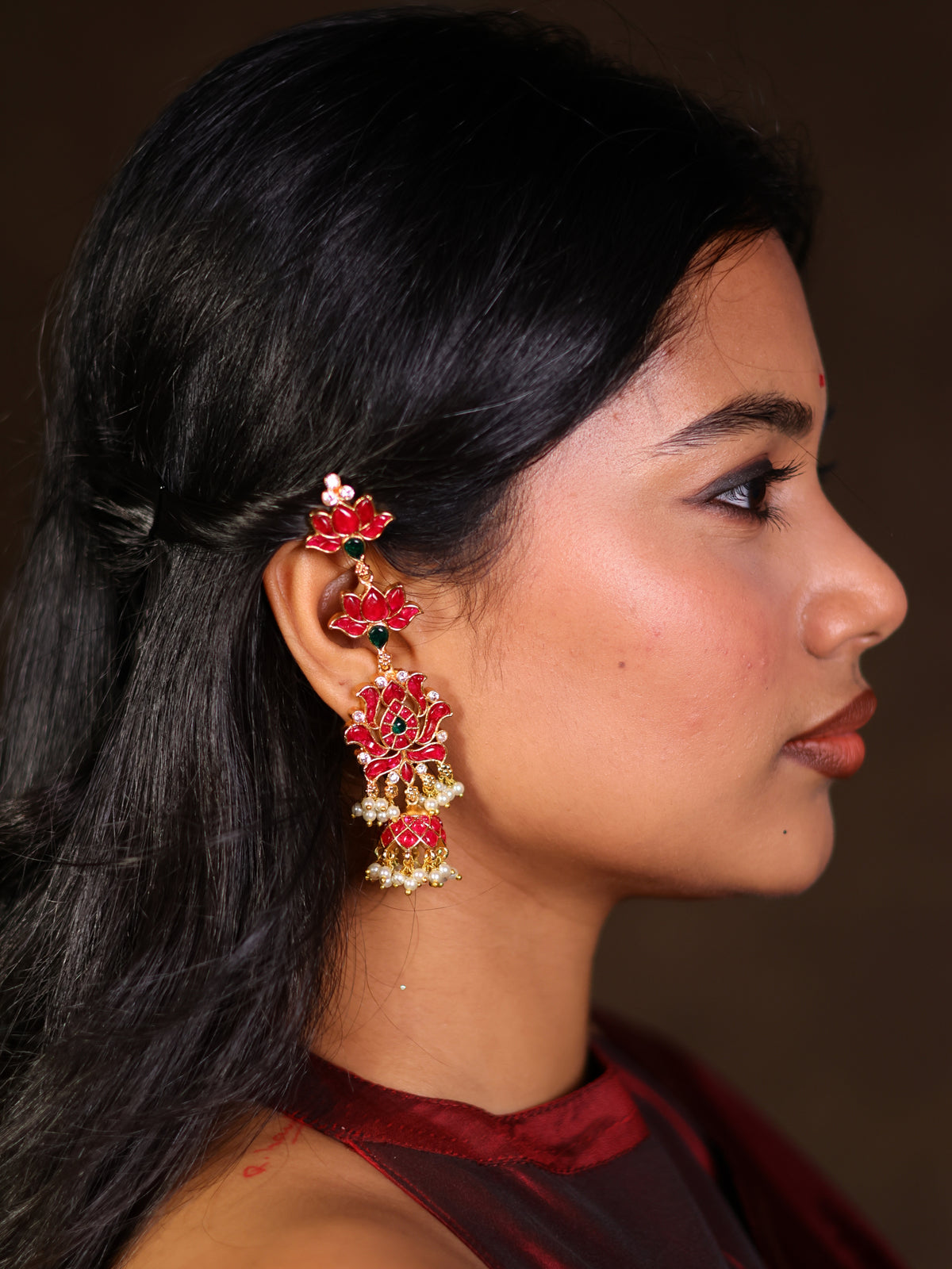 Vintage lotus motif ear set-Classic jhumka and mattal