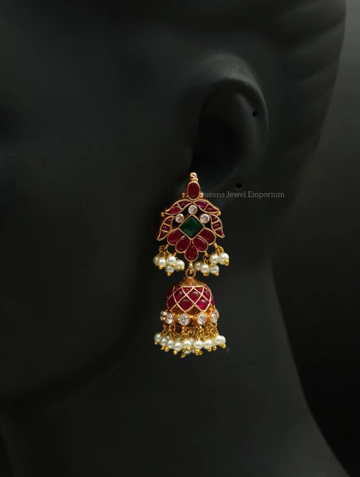 Elegant red kemp stone jhumka-Jhumka with red kemp and pearls