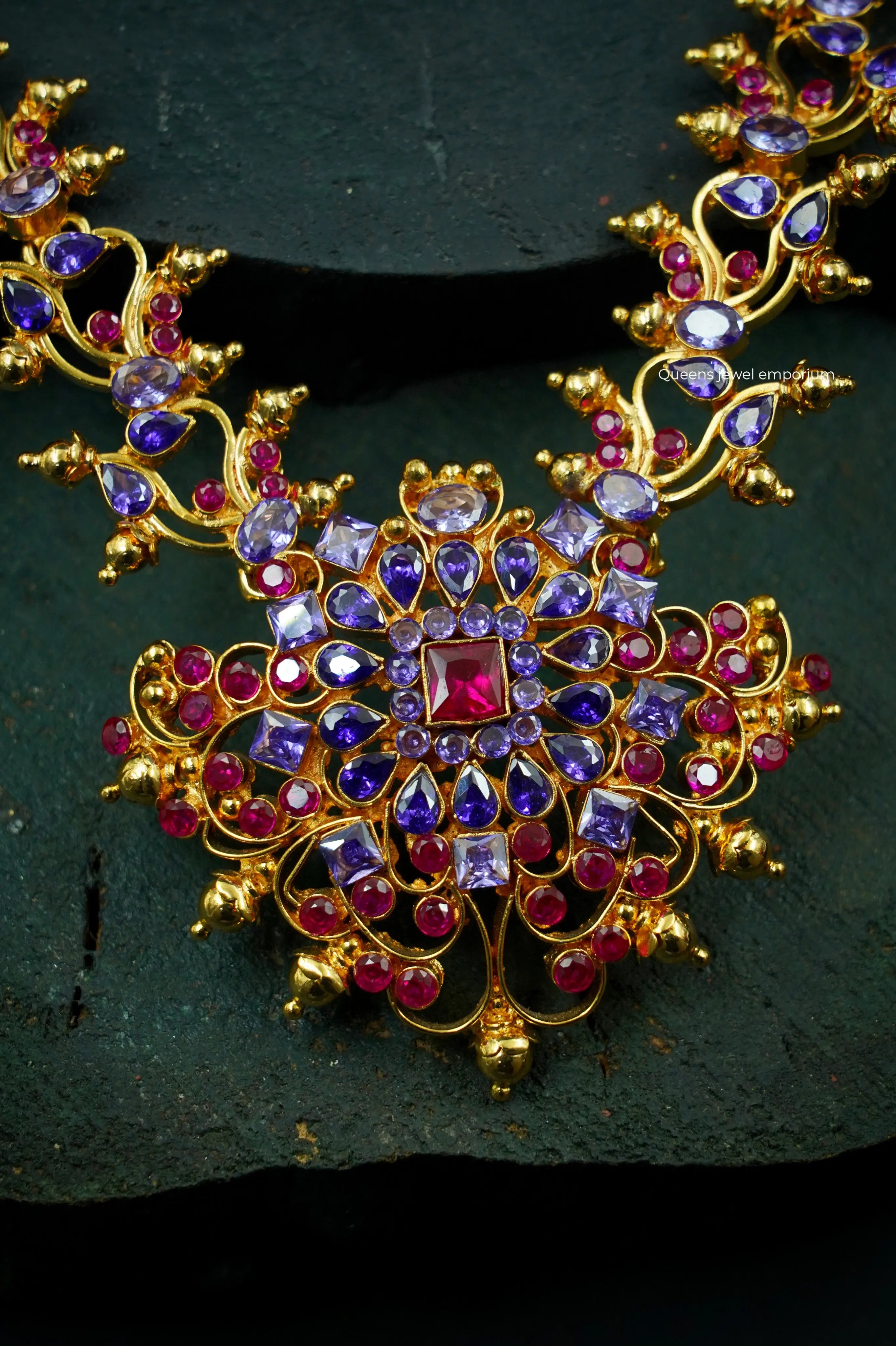 Violet pink square stones-Grand floral traditional haram