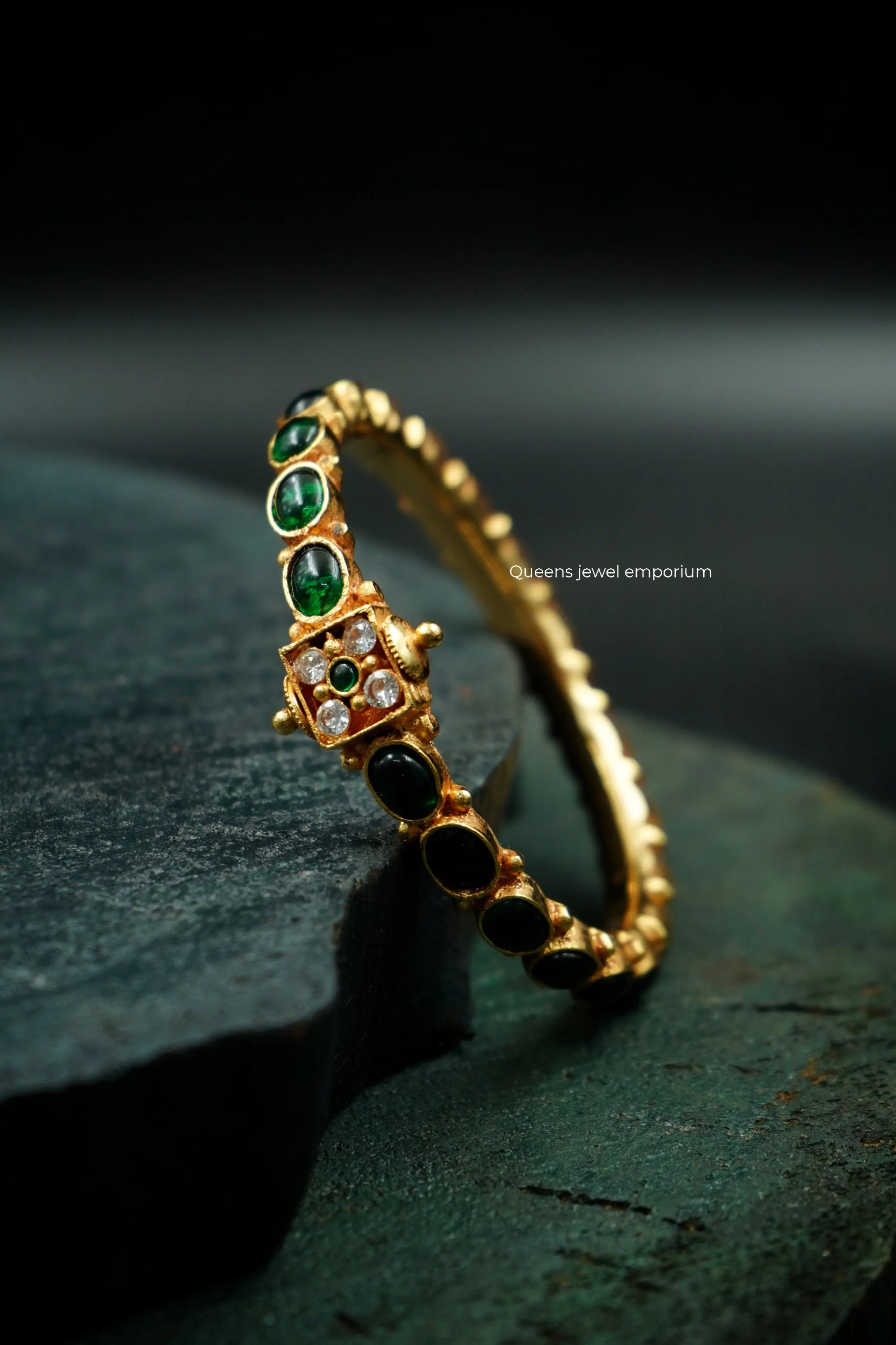 Green kemp zircon bangle-Traditional green kemp kada for sarees