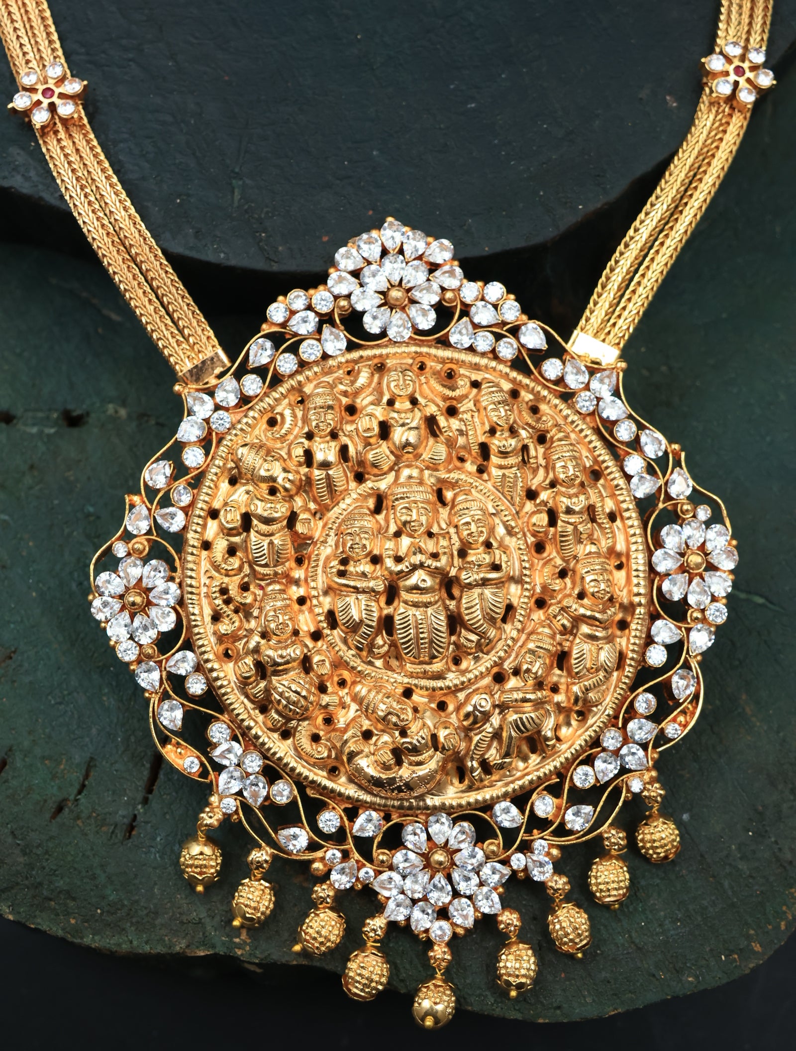 White floral motif haram-Gold ball hanging pendant