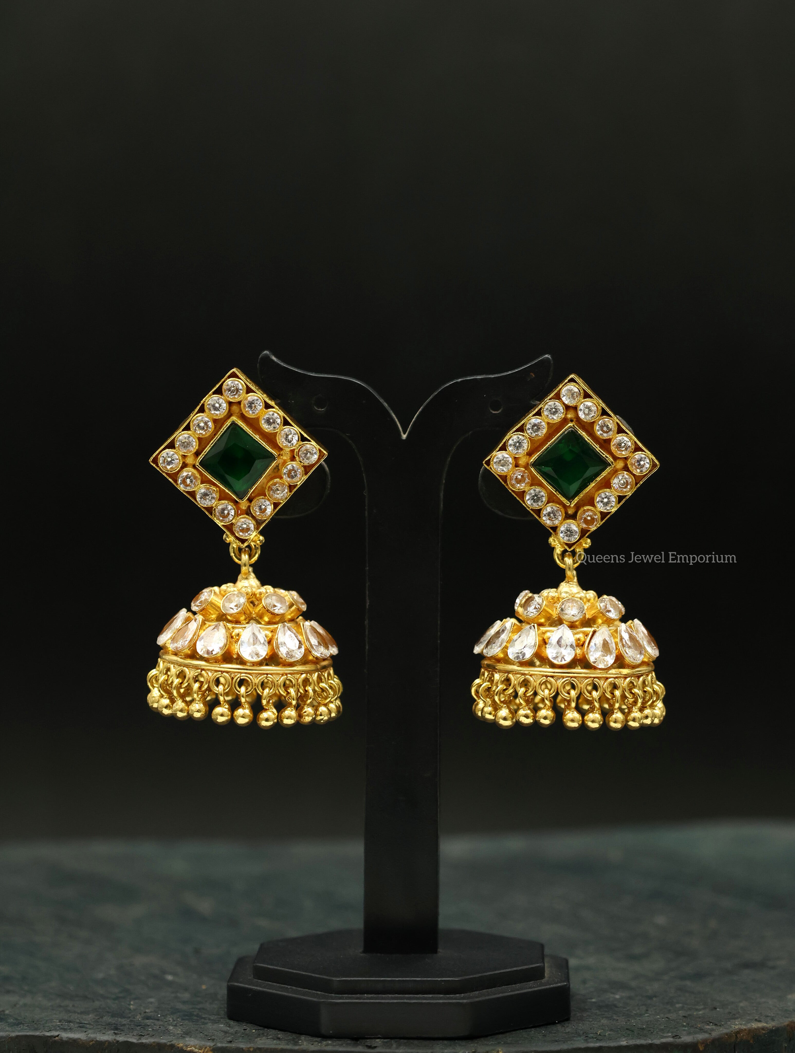 Diamond shaped white stone jhumka-White zircon stone jhumka