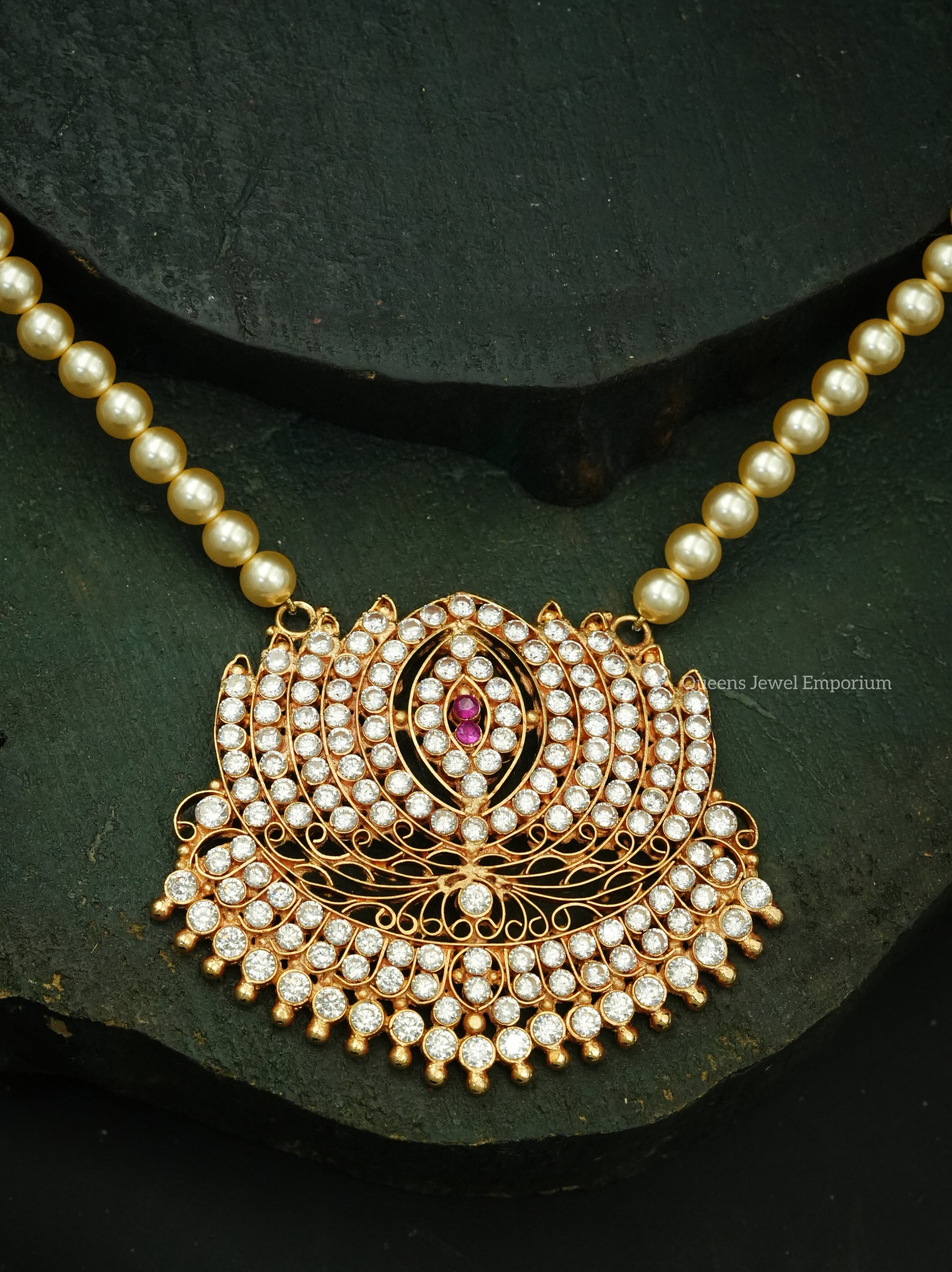 Pearl haram for half sarees-White lotus pendant with stone