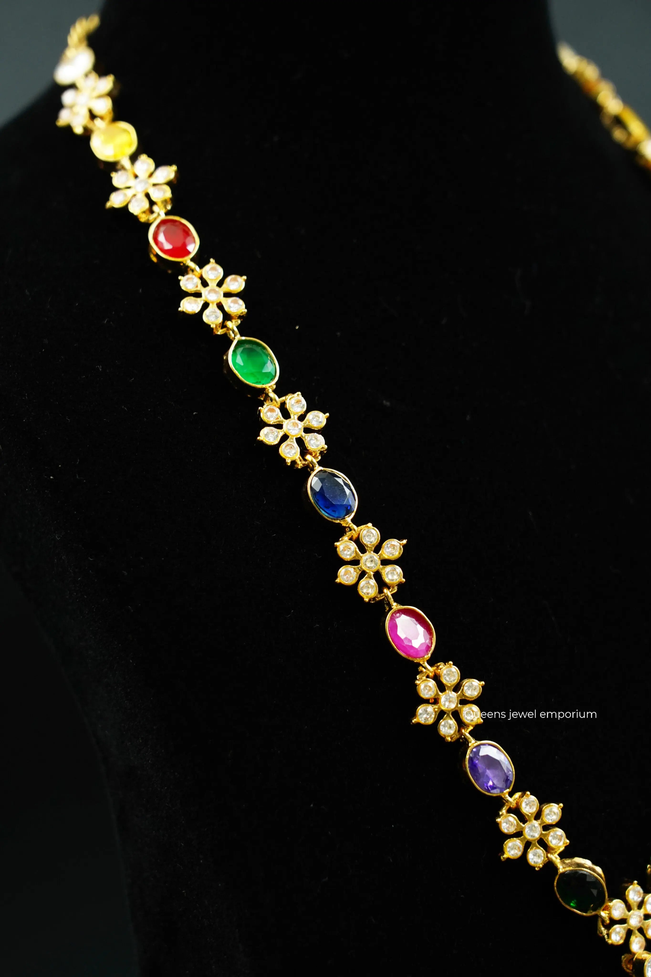 Traditional gemstone jewellery haram-Flower design zircon haram for saree