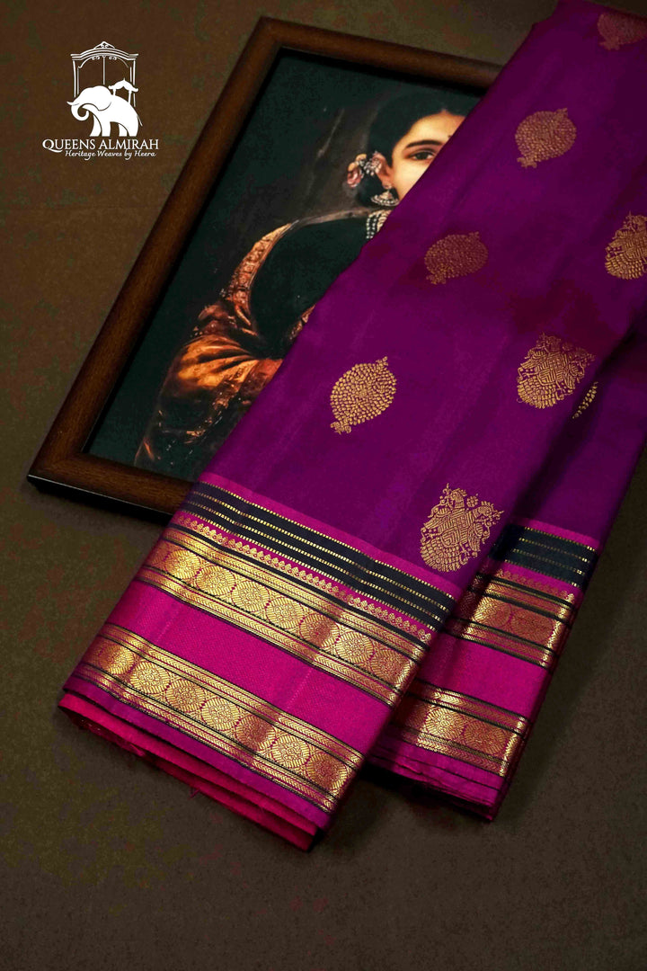 CABBAGE PURPLE WITH DRAGON PINK KANCHIVARAM SILK SAREE - Queens Jewel Emporium