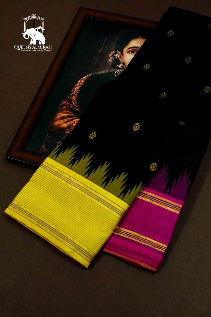 BLACK CURRENT WITH LEMON YELLOW PURE KANCHIVARAM SILK SAREE - Queens Jewel Emporium
