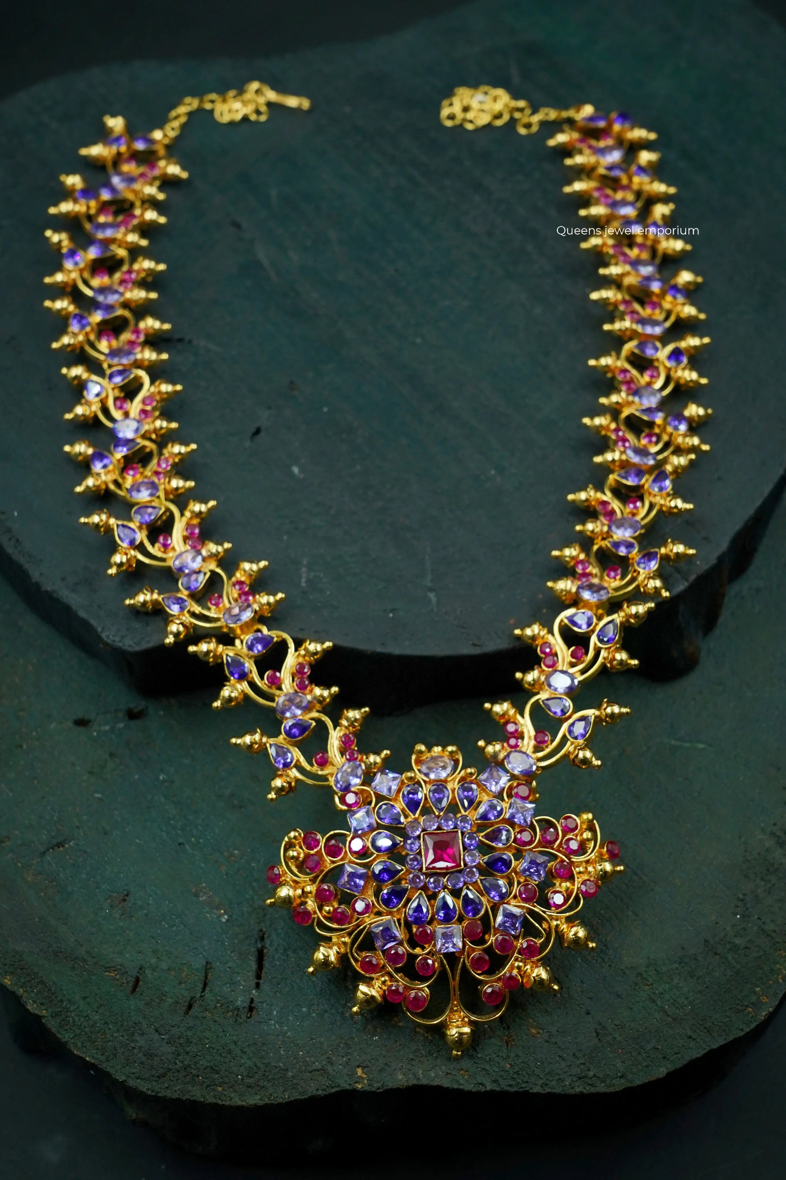 Purple pink floral pendant-Purple stone reception haram