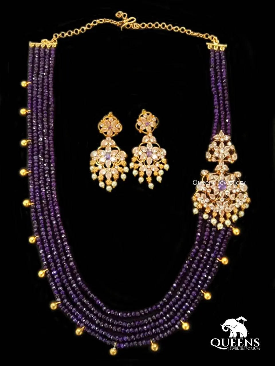 Violet beads layered necklace-Layered beads with mugappu necklace-Designer violet jewellery set