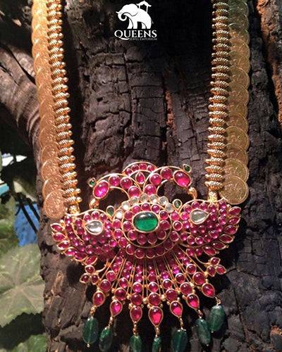 Traditional haram with pendant-Kasu mala haram with bird pendant