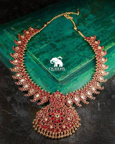 Mango design haram with floral pendant-Statement haram for reception