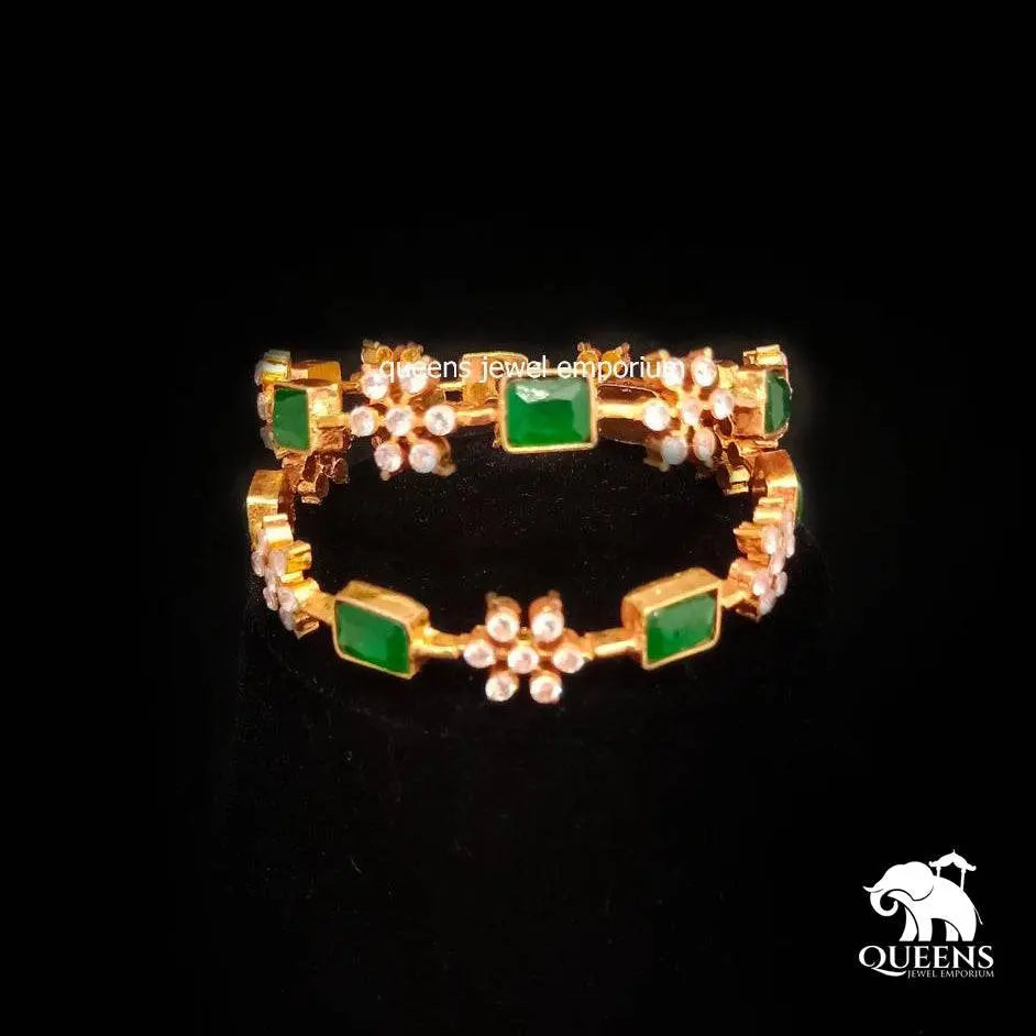 Bangle set with square green stone-White floral motif pair bangles