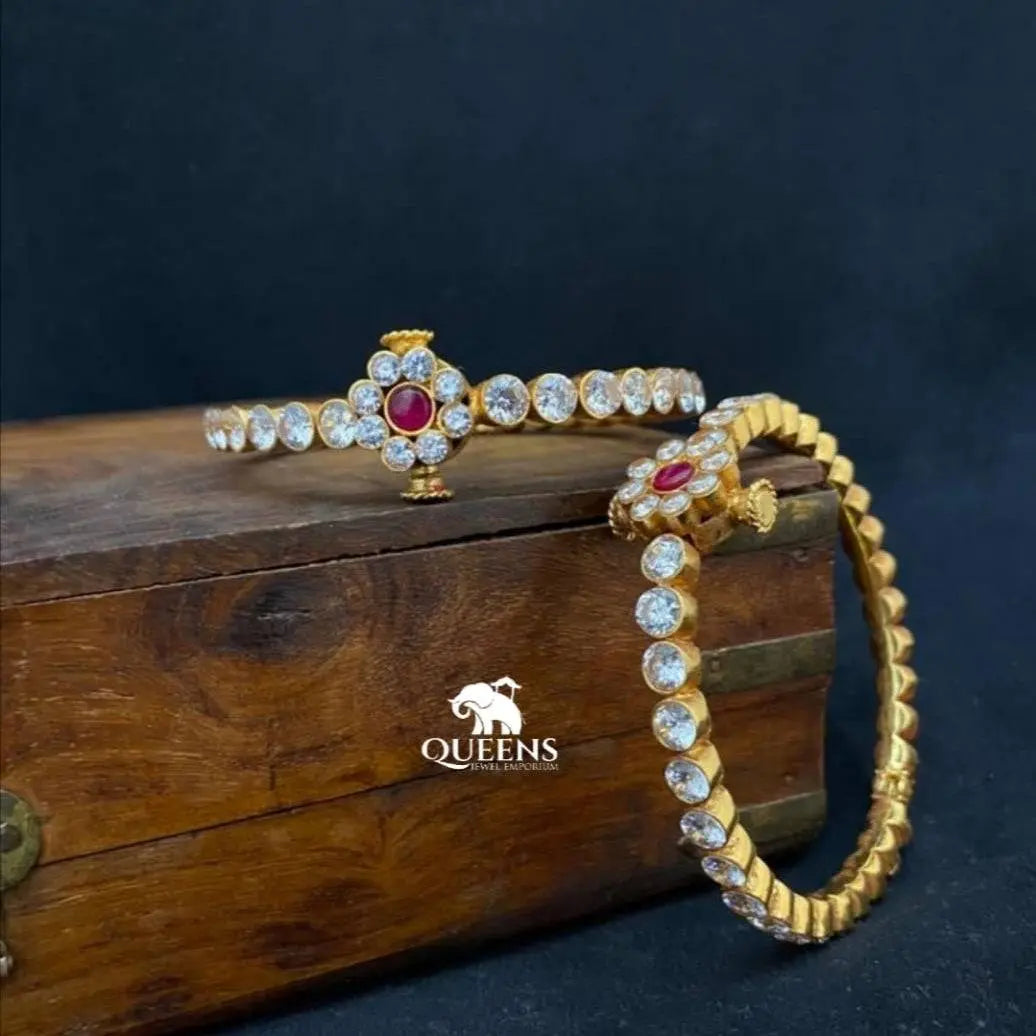 Bangles set with flower design-Gold plated white stone bangle